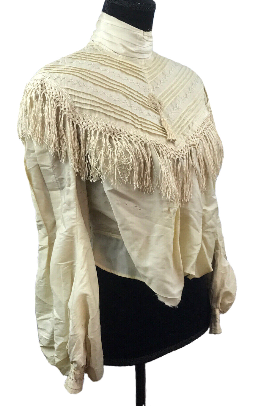 Antique Womens Ladies Victorian Blouse Shirt Fringe High Collar Leg of Mutton