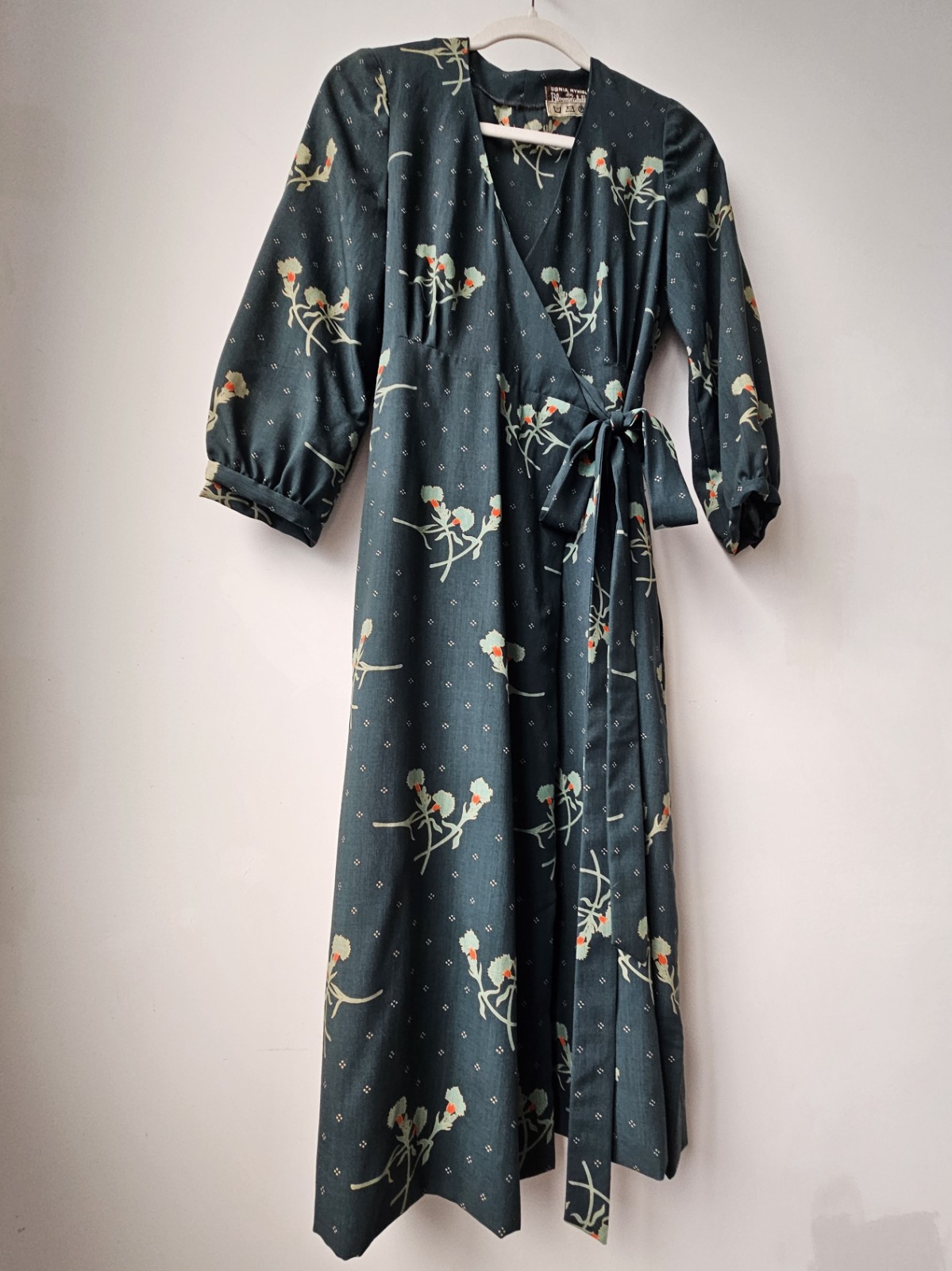 Sonia Rykiel Vintage 70’s Green Floral Long Sleeve Wrap Dress