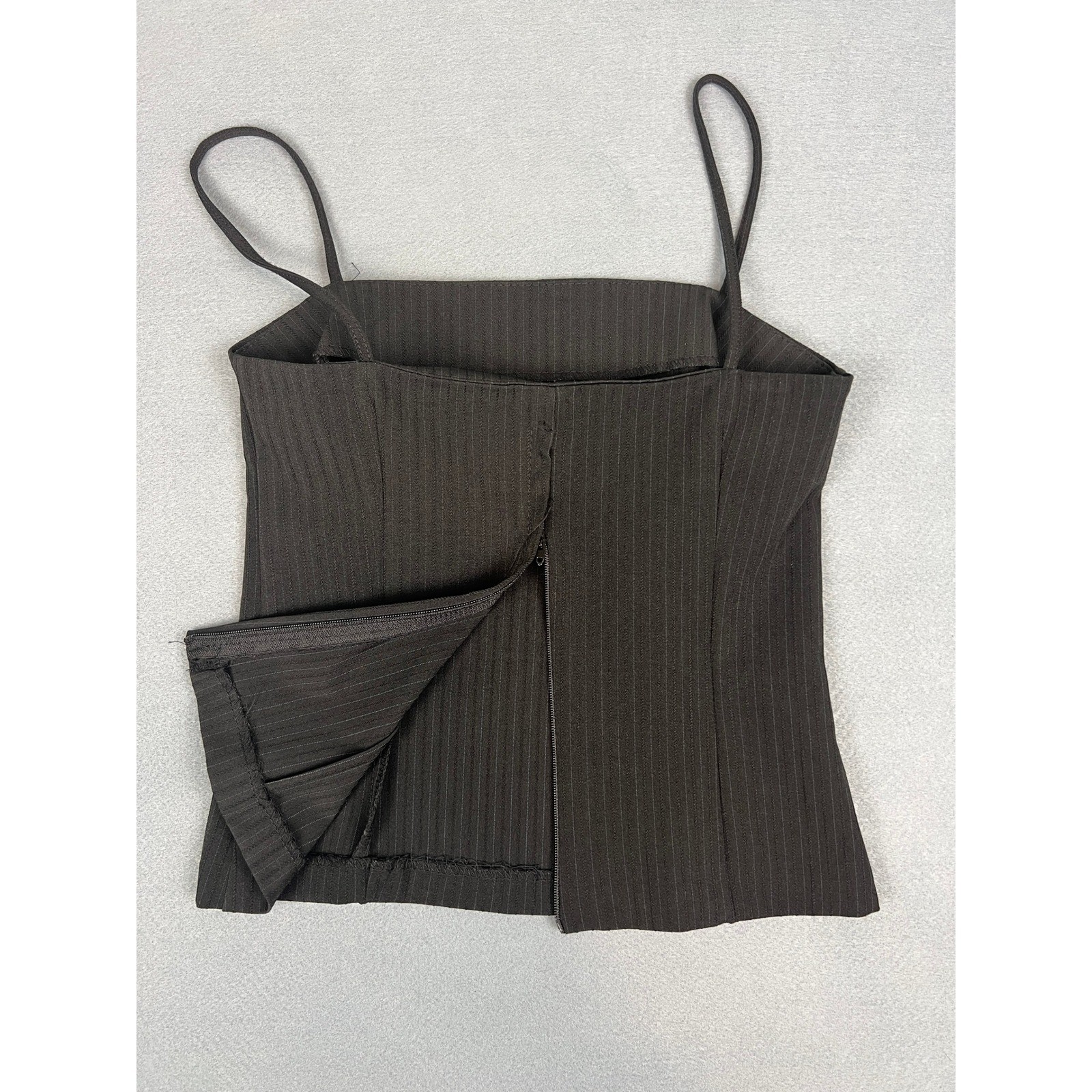 Vintage 90s Y2K Pinstripe Ribbed Back Zip Cami Top Size 1/2 Small Black Charcoal