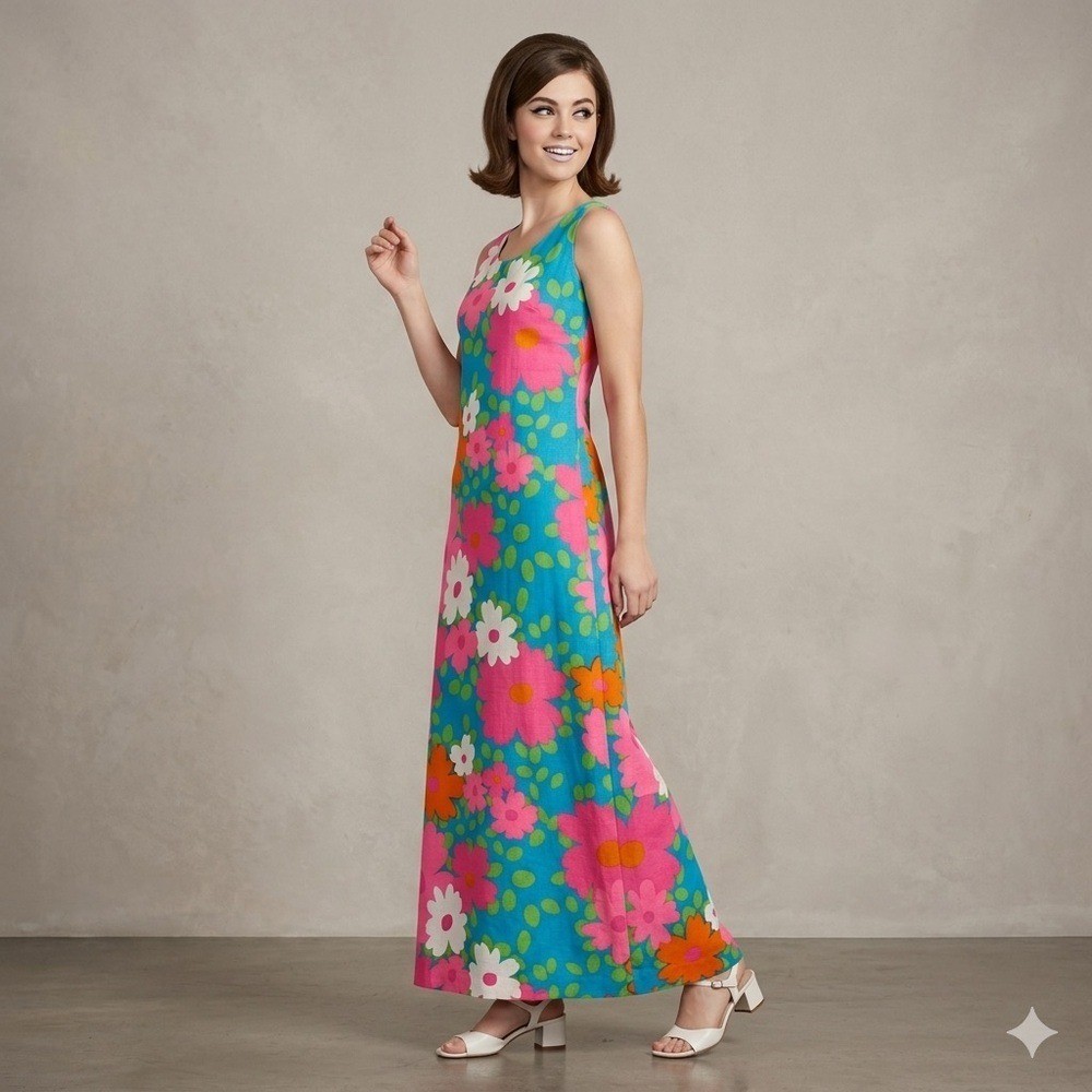 VTG 60s 70s La Boutique Haiti Floral Maxi Dress Neon Mod Psychedelic Barkcloth