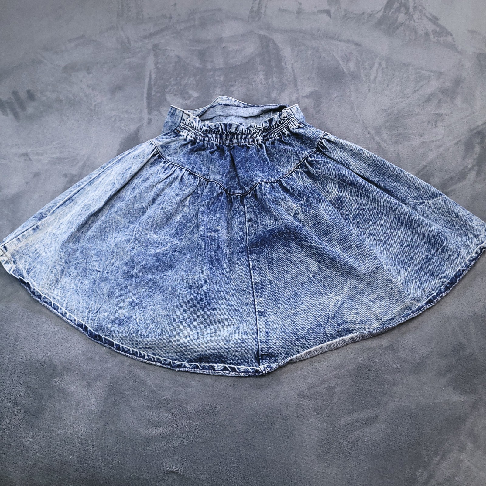 Vtg 80’s Jet Set Acid Washed Denim Flare Mini Skirt Size 14 Bow Elastic Waist