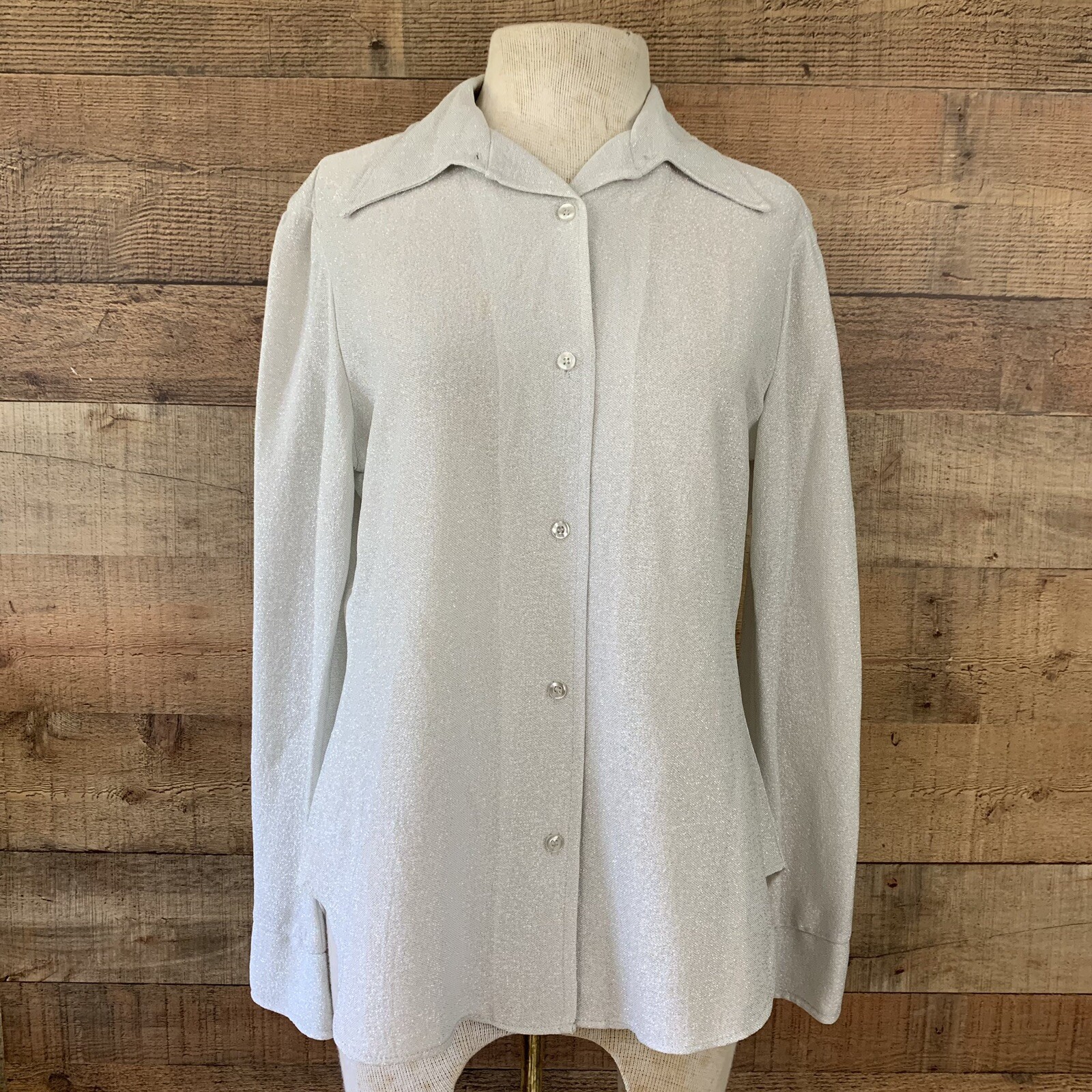 Vintage 1970’s Disco Ball Silver Metallic Pointy Collar Shirt Size Medium