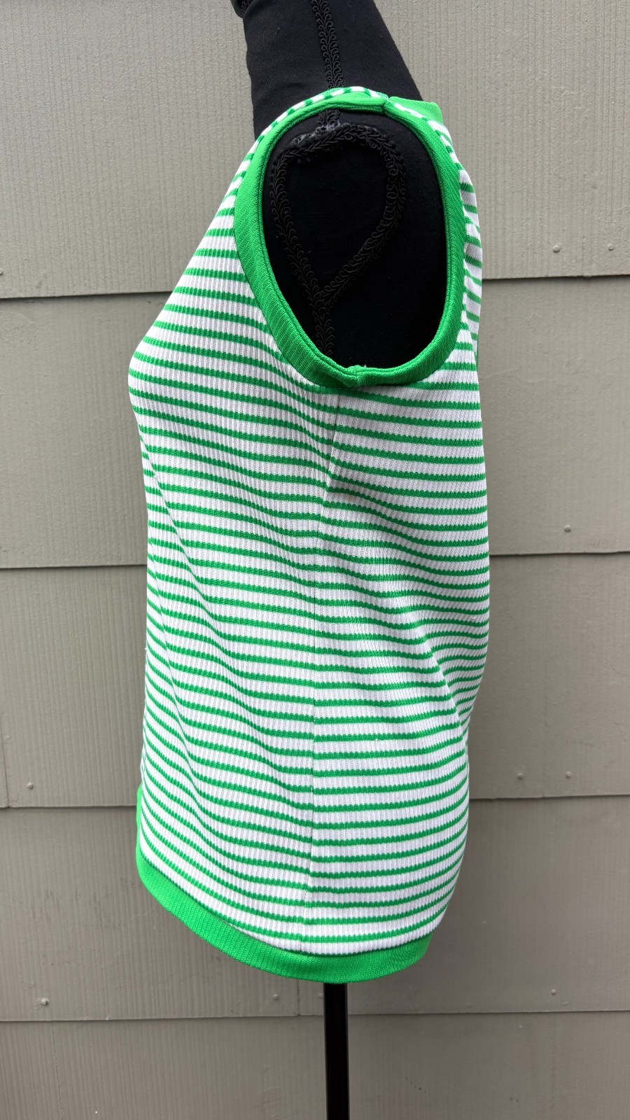vtg 60s 70s Mod Preppy Retro Green White Striped V-Neck Sweater Vest Tank Top