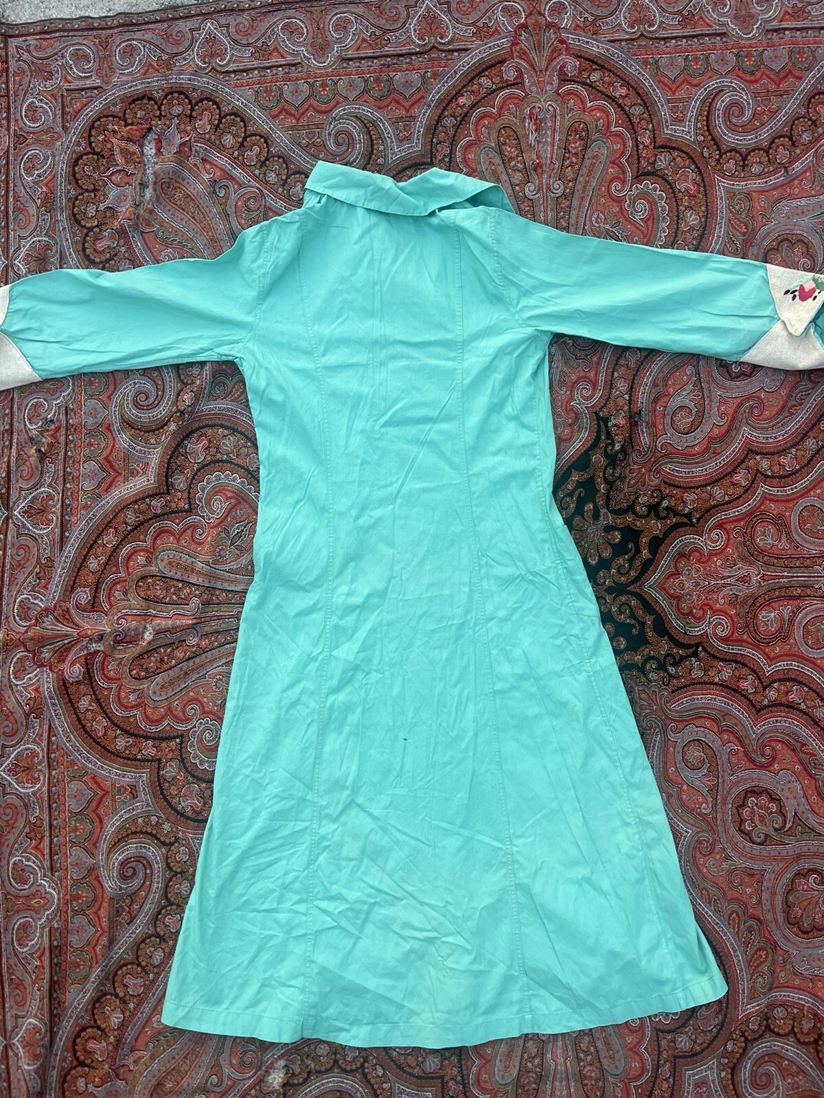 Vintage 1900s 1920 Dress House Coat Button Duster Teal Embroidery Art deco