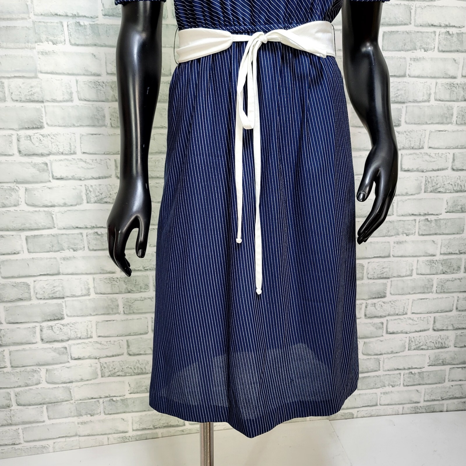 Vintage 70s Sally Lou Womens S Half Sleeve Semi Sheer Navy Striped Day Dress