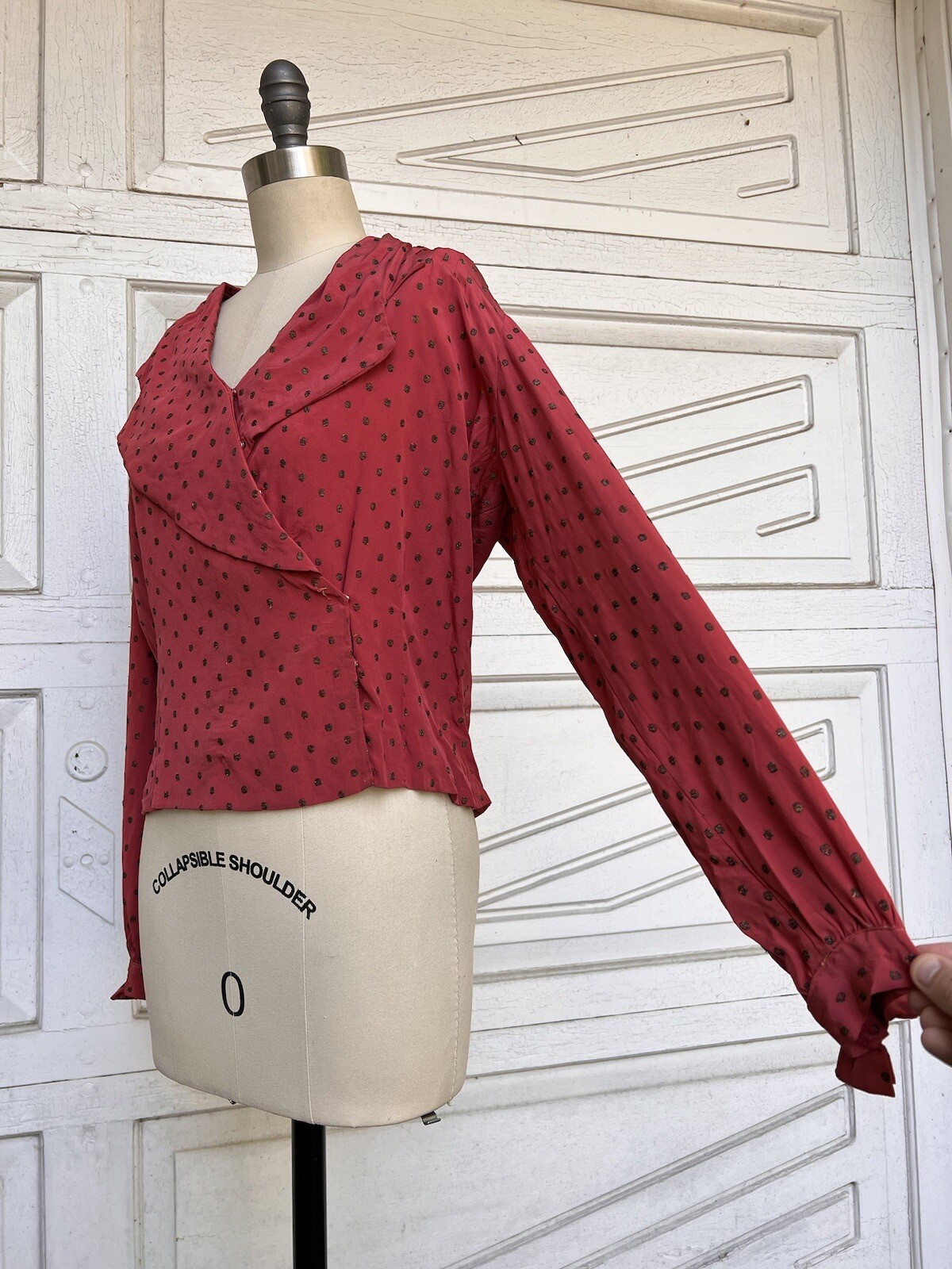 Vintage 1930s 40s Raspberry Silk Blouse Shirt Gold Metallic Dot Embroidery Bows
