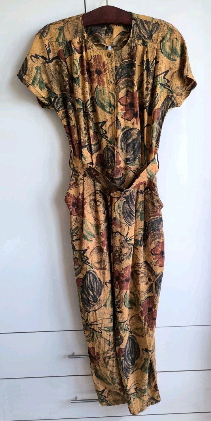 Beautiful vintage women’s brown floral viscose overalls, 80s