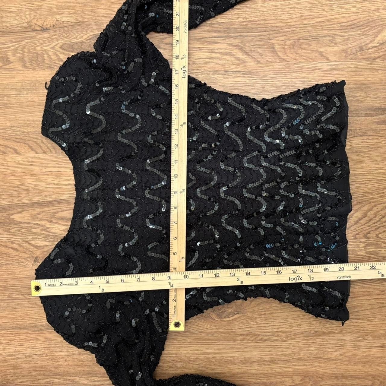 80s Vintage Black Sequin Backless Scoop Back Sheer Long Sleeve Blouse Size 10