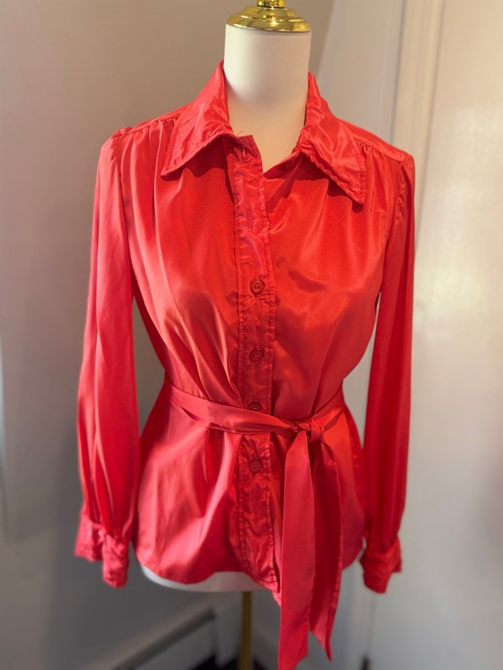 Vintage Unbranded Taffeta like Red Blouse with waist Sash