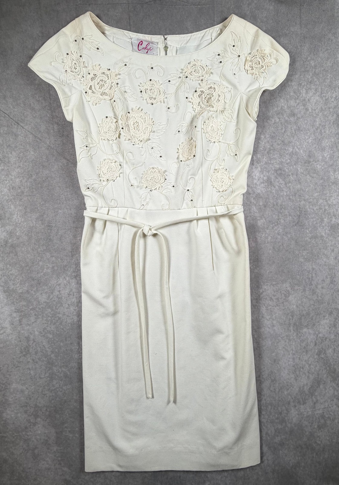 Carlye Vintage Womens Dress Ivory Floral Applique Cap Sleeve XS/S 50s 60s