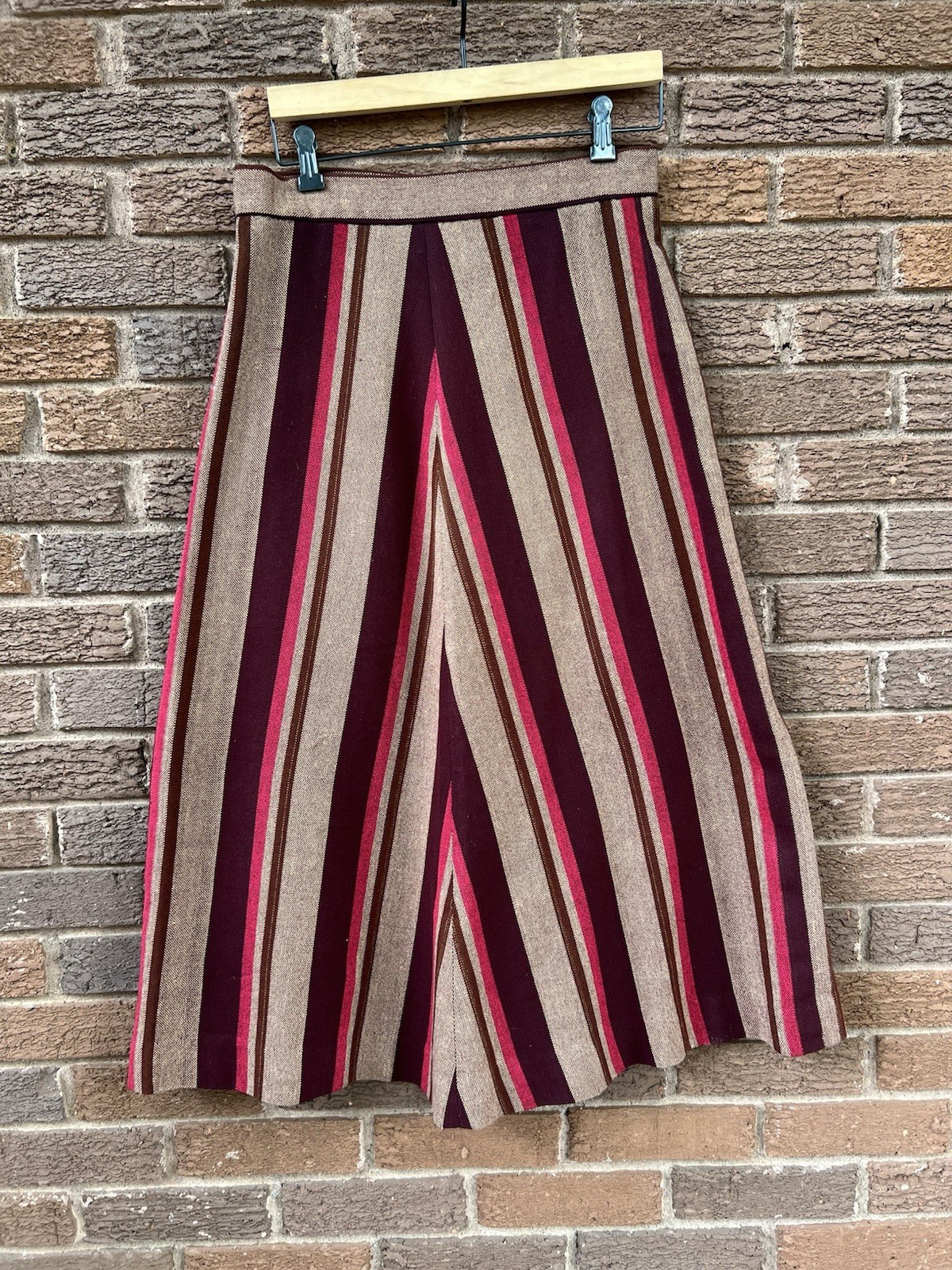 Vintage 70s Striped Midi Skirt Burgundy Tan A-Line Mod Retro Hand Made USA. Wool