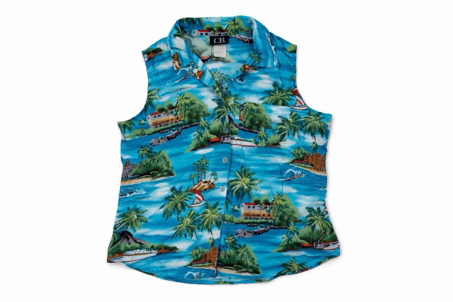 VTG Tropical Hawaiian Island Scenic Print Resort Button Down Sleeveless Shirt XL