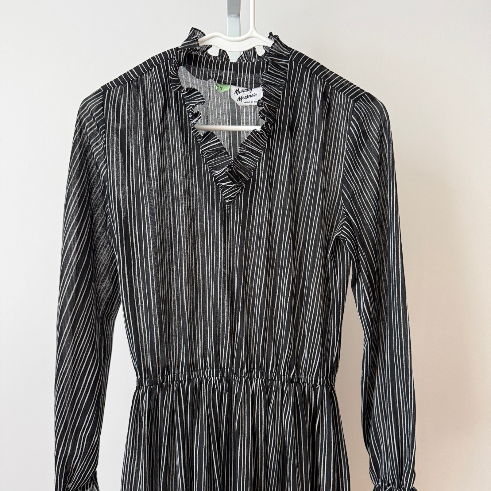Murray Meisner 10 Black Sheer Stripe Floral Border Ruffle Neck Vintage Dress
