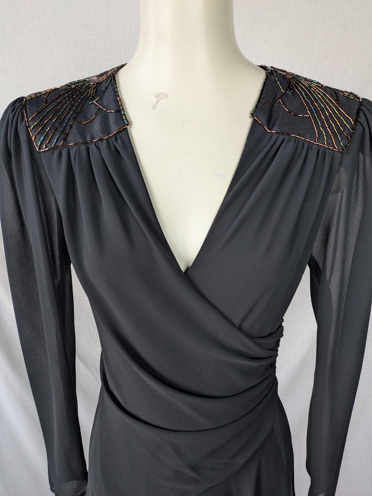 Vintage 80s Casadei Dress Black Hi Lo Hem Ruched Beaded Shoulders Sz 6