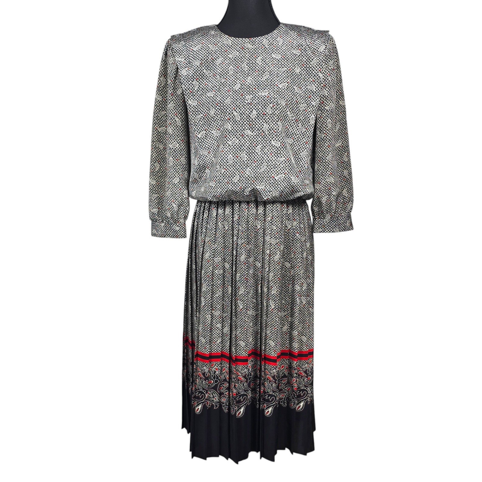 VLP Petites Vintage 80s Paisley Pleated Midi Dress Black Red White Size 4 USA