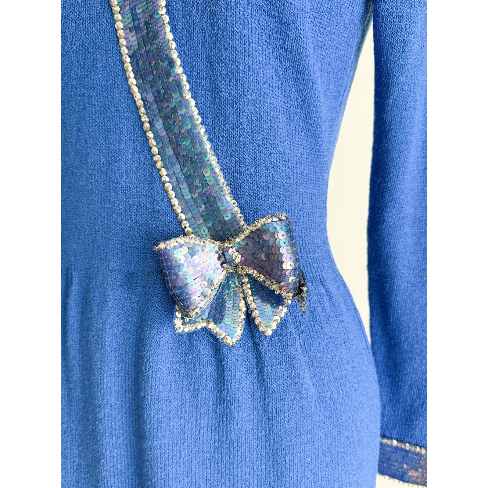 Don Sayres Wellmore Vintage Knit Dress Sequin Bow Blue Wool Blend Midi Blue S-M