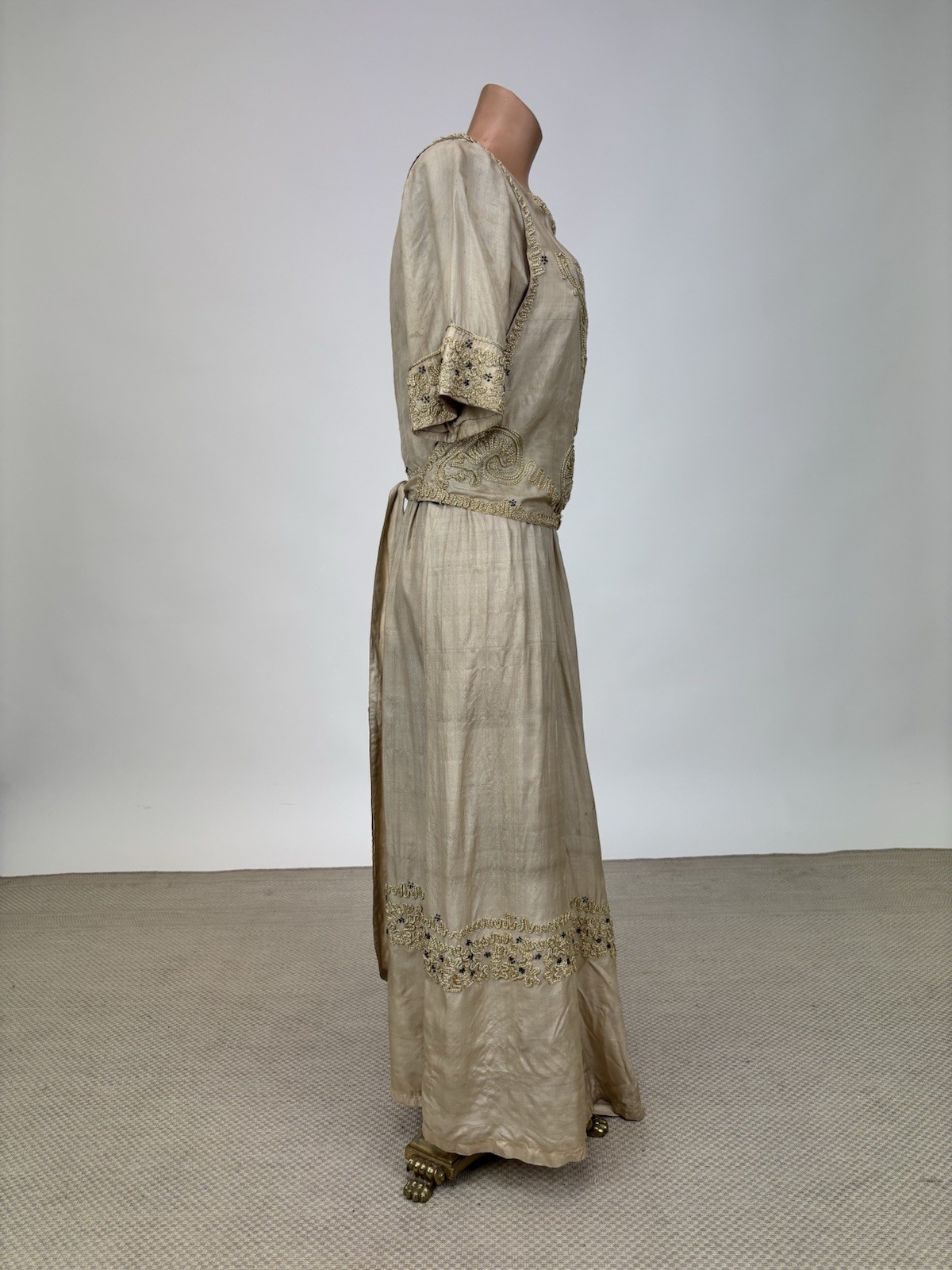 Antique Edwardian 1910s Beige Silk Day Dress Cording Blue Beads Wrap Bodice