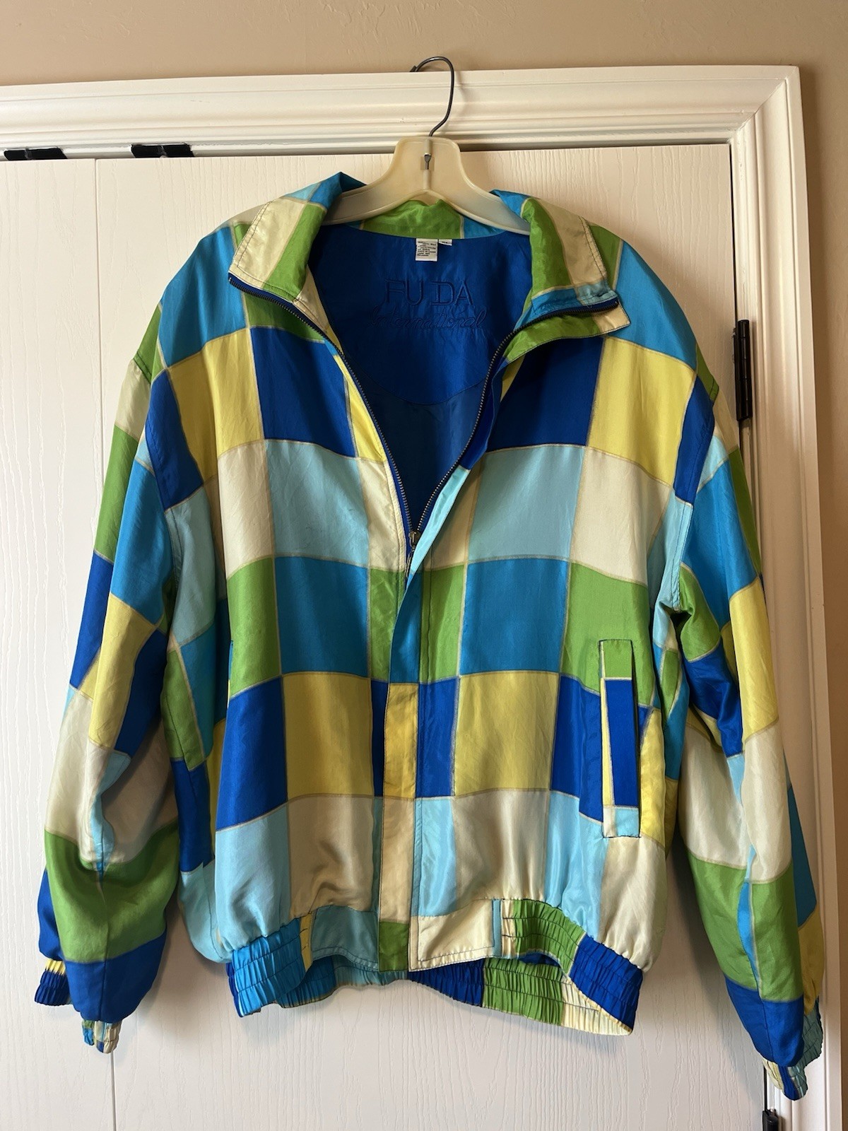 1980s Vintage Silk Windbreaker Colorblock, Fuda International, 80s, shoulderpads
