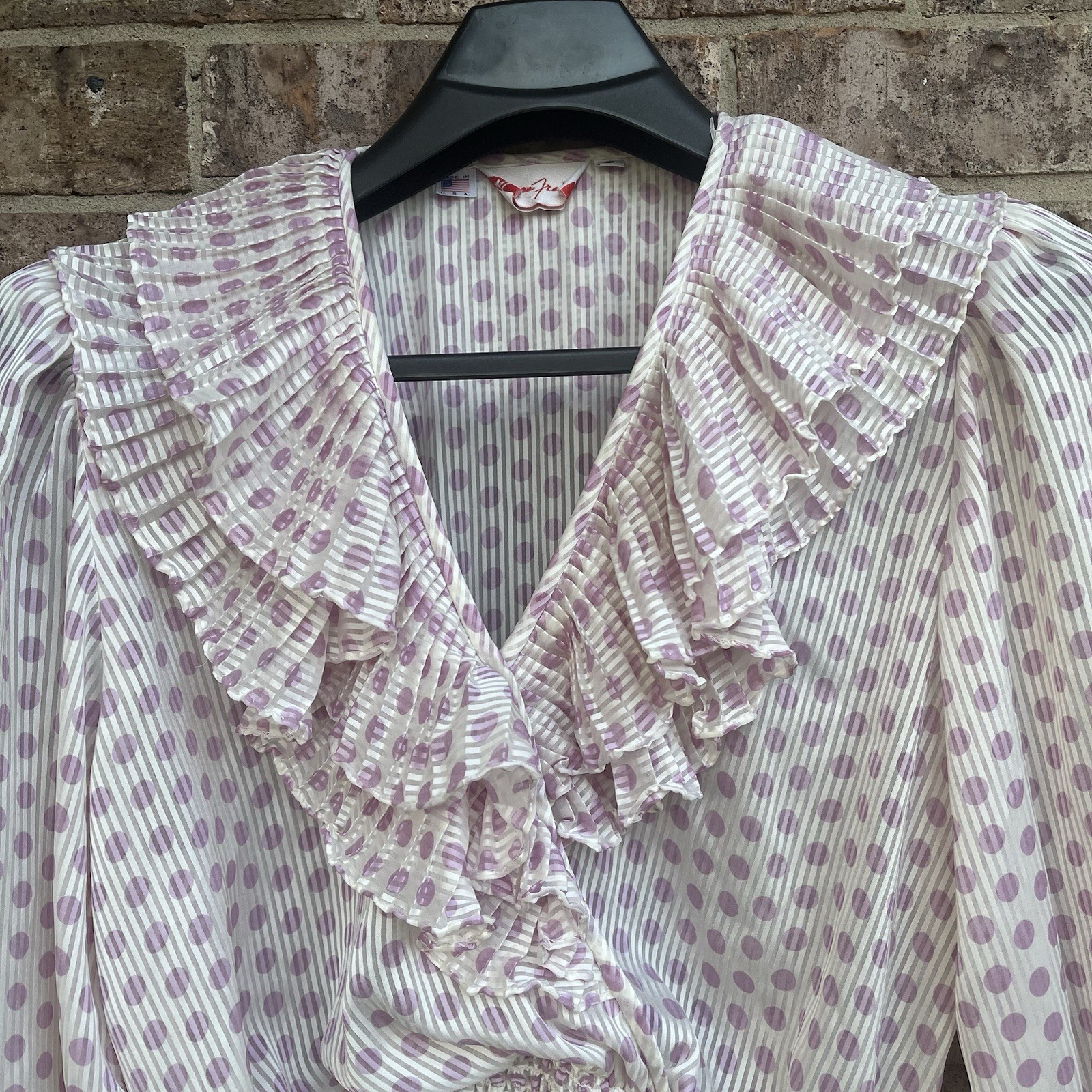 Susan Freis Vintage 80s Sheer Ruffled Boho Blouson Top Pink Polka Dot Small USA