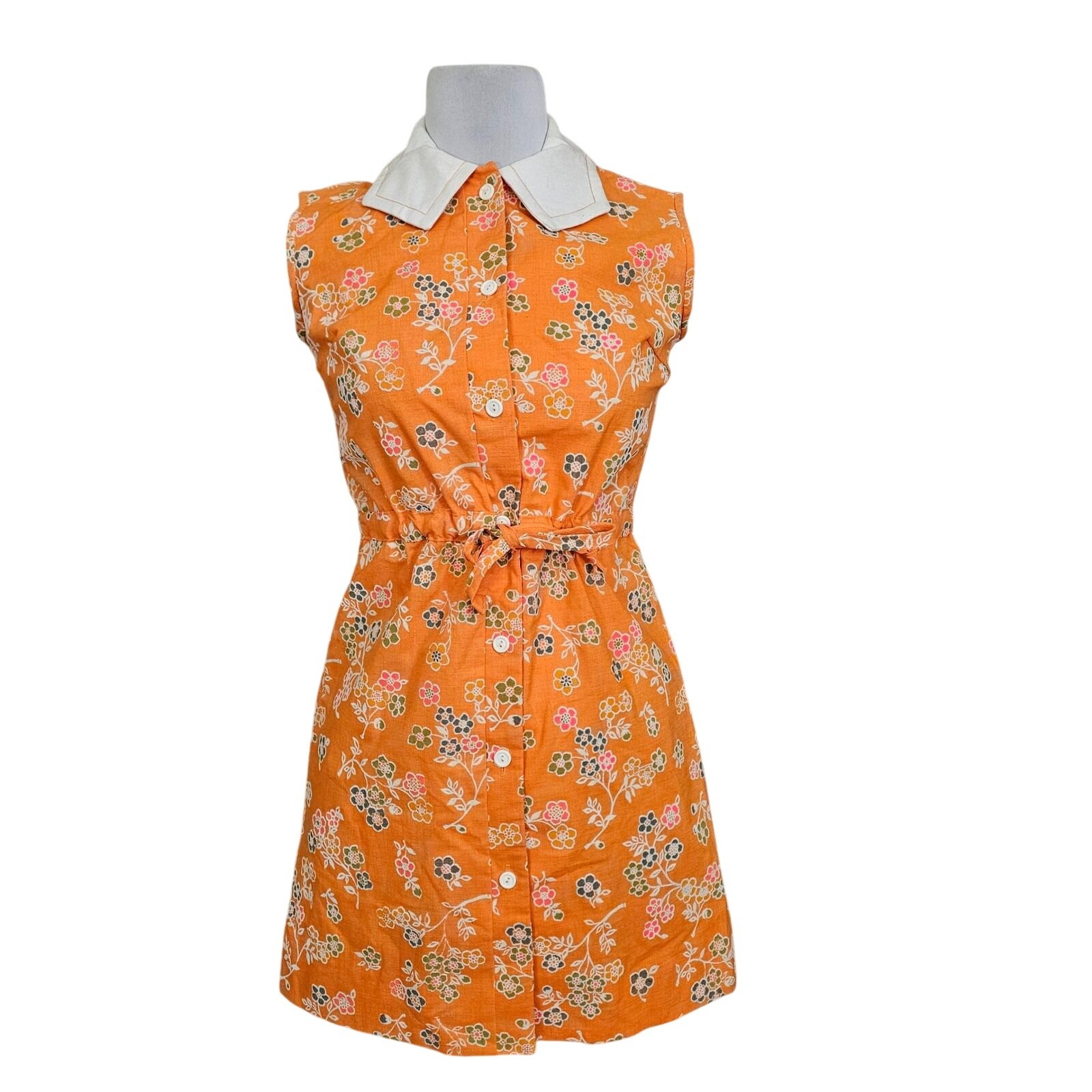 Vintage 60s Joseph Magnin Floral Shirt Dress Orange Mod Belted Mini