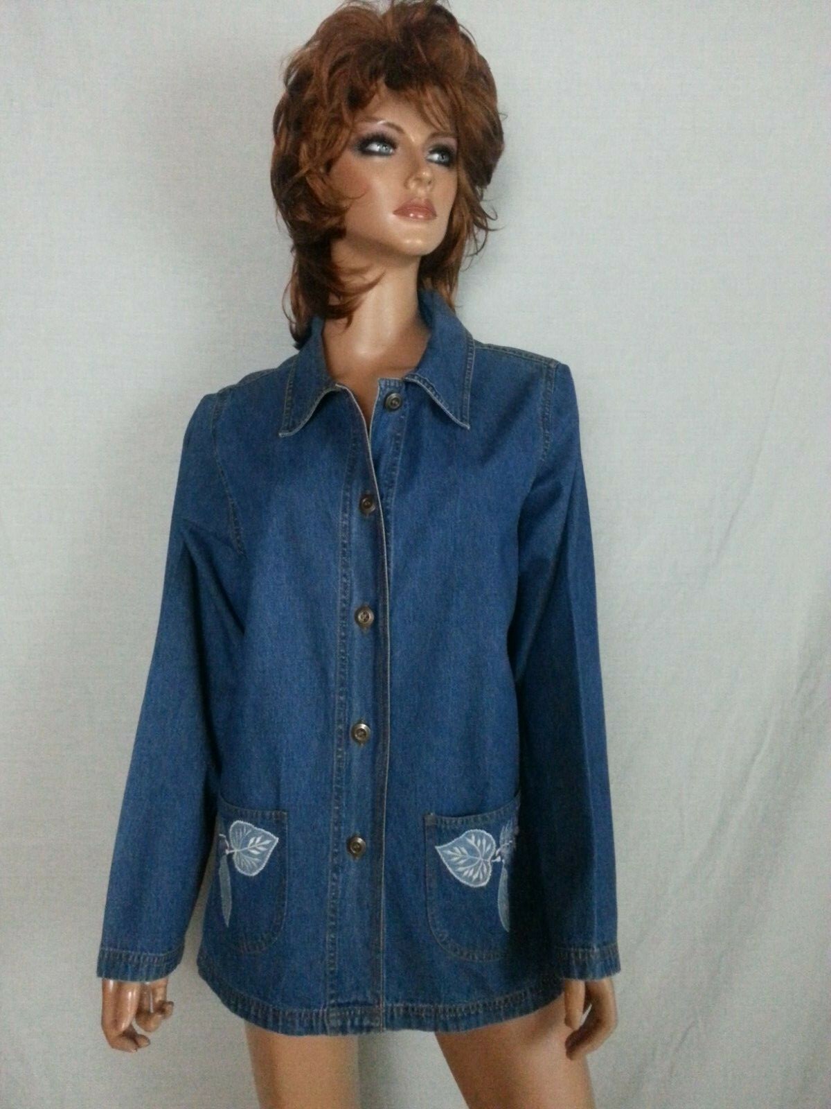 Vtg Women Blair Blue Jean Denim Jacket Coat Leaves Embroidery Butterfly Patch M
