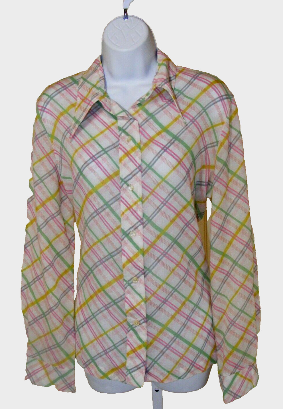70 S DISCO BLOUSE GREEN YELLOW PINK PLAID COTTON POLY LIGHT WEIGHT BUTTON UP MED