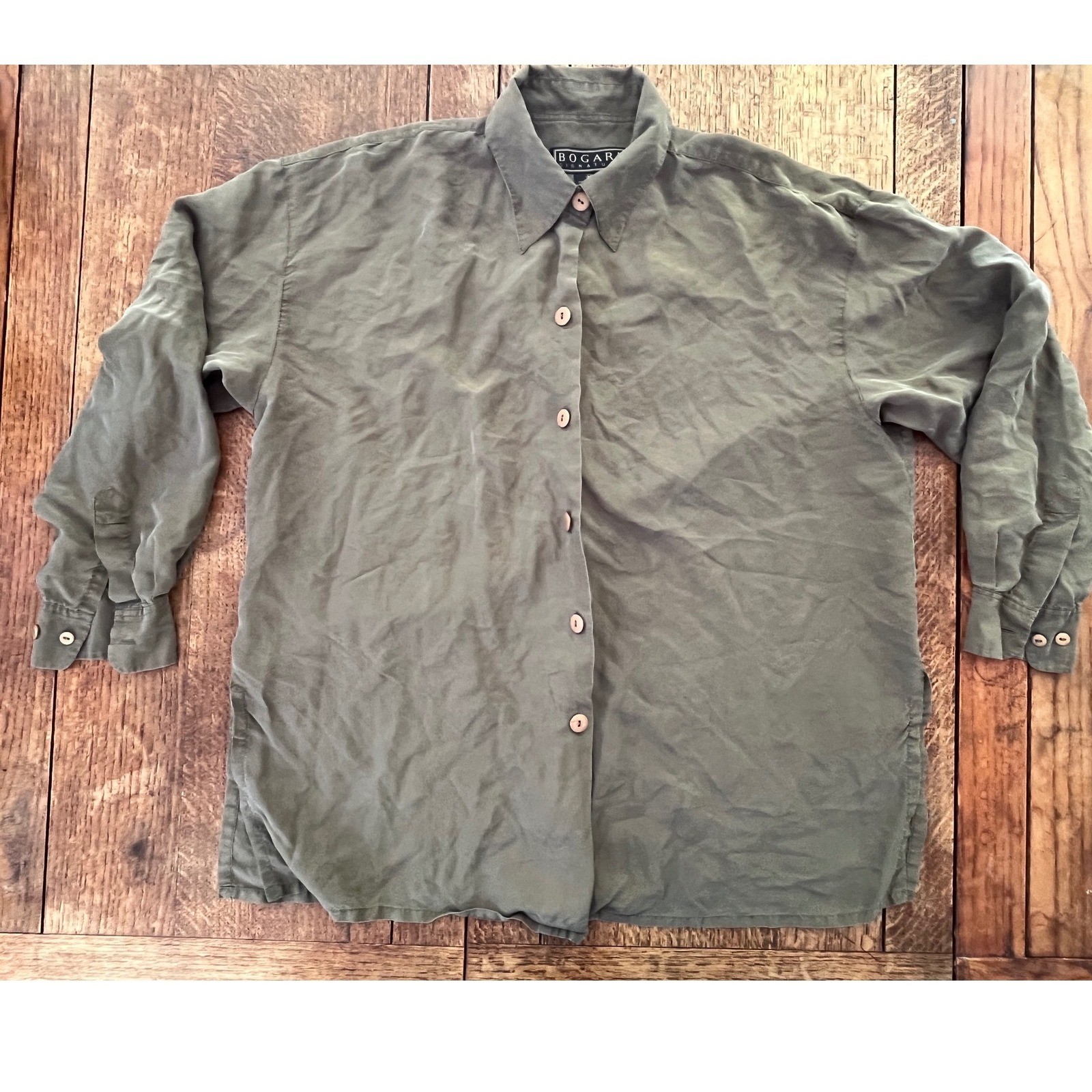 Vintage 100% silk shirt olive green grey long sleeve women’s M button-up Bogari