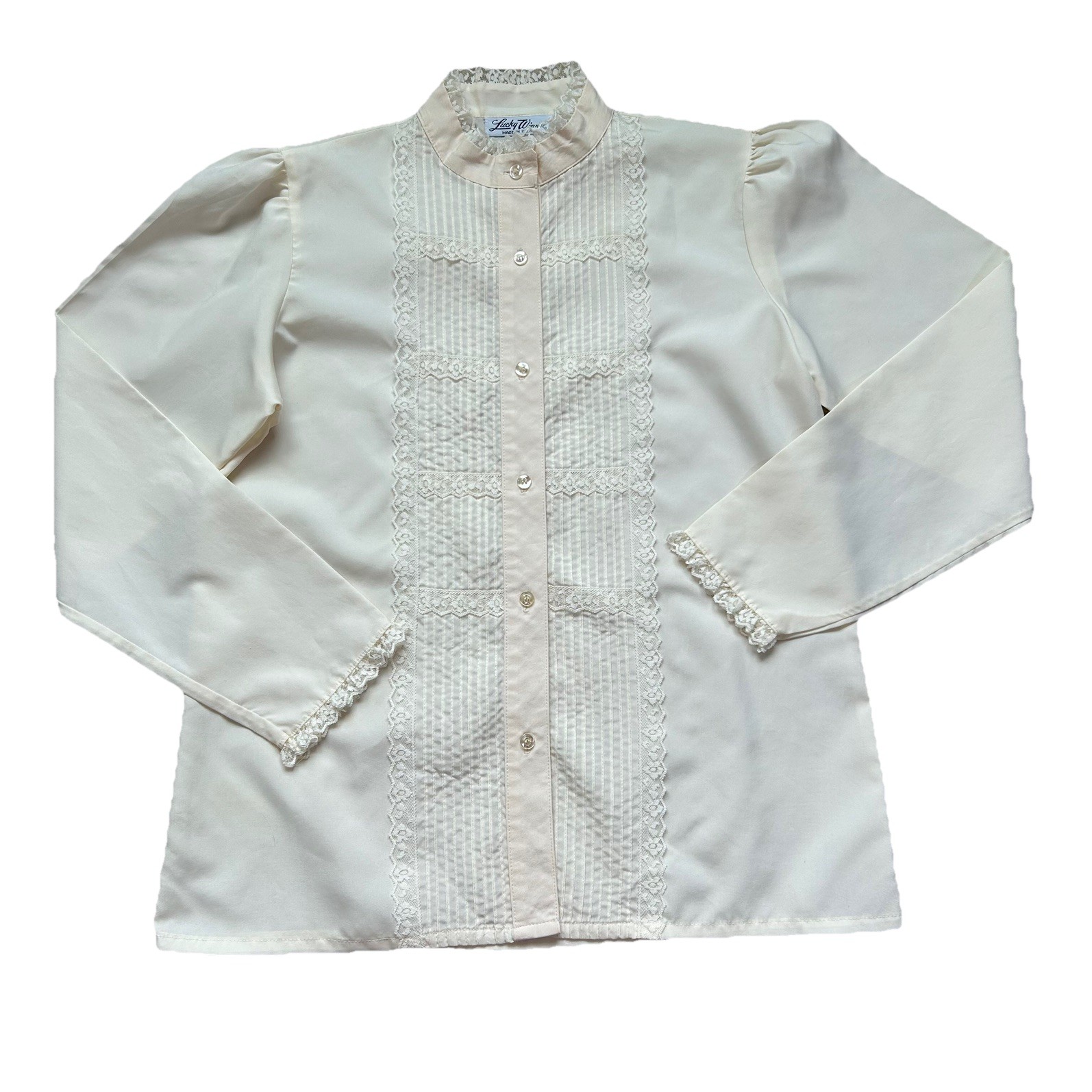 VTG Made in USA Ivory Victorian Prairie Blouse Cottagecore Sz S Lace High Neck