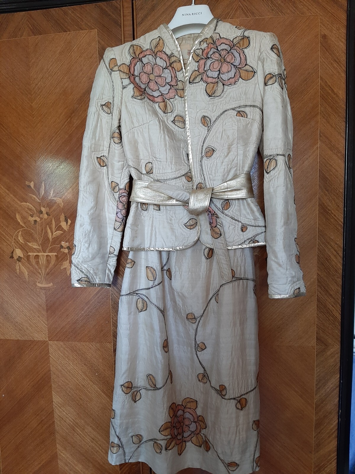 Vintage 70s Norman Hartnell Dress Jacket Belt Small Ecru READY TO WEAR