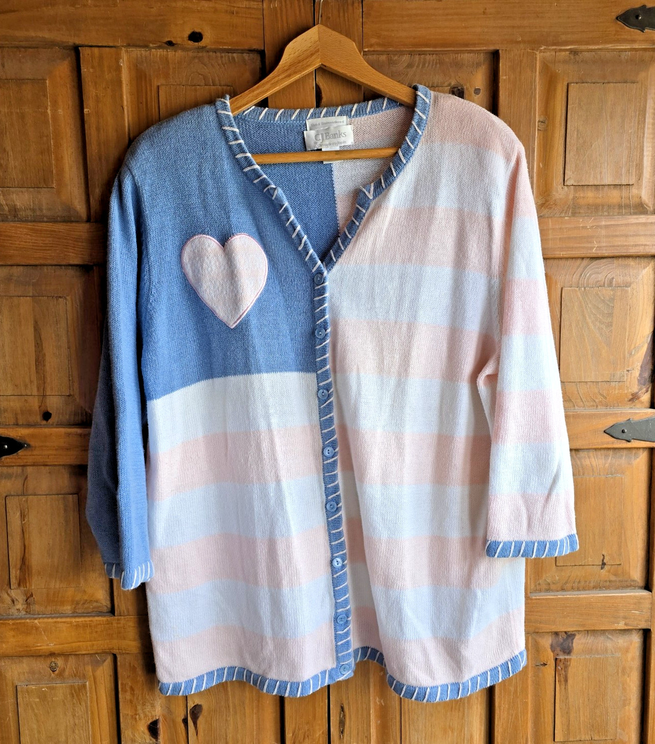 VTG CJ Banks Cardigan Sweater Sz 1X Hand Embroidered Hearts Pink Blue Cottage