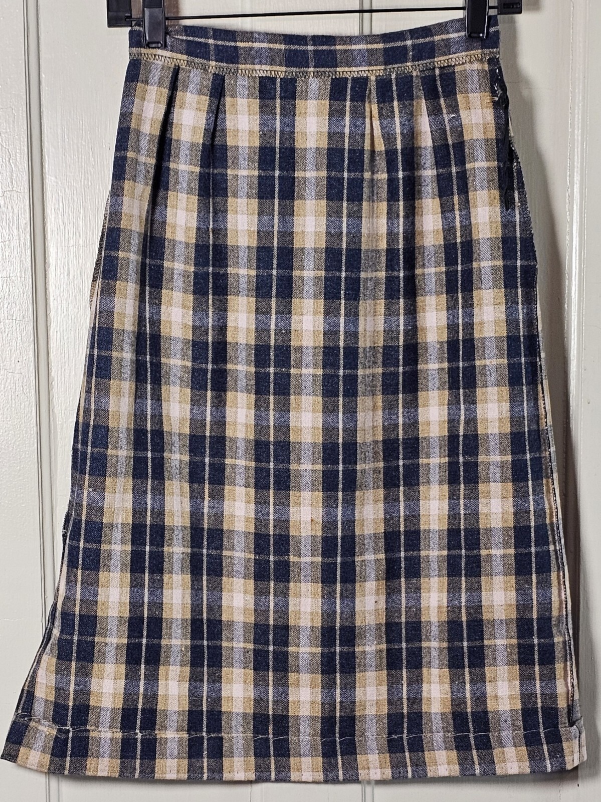 VTG 80’S Wool Pencil Skirt Women XS Blue Tan Pink Plaid Tartan Pleated Academia