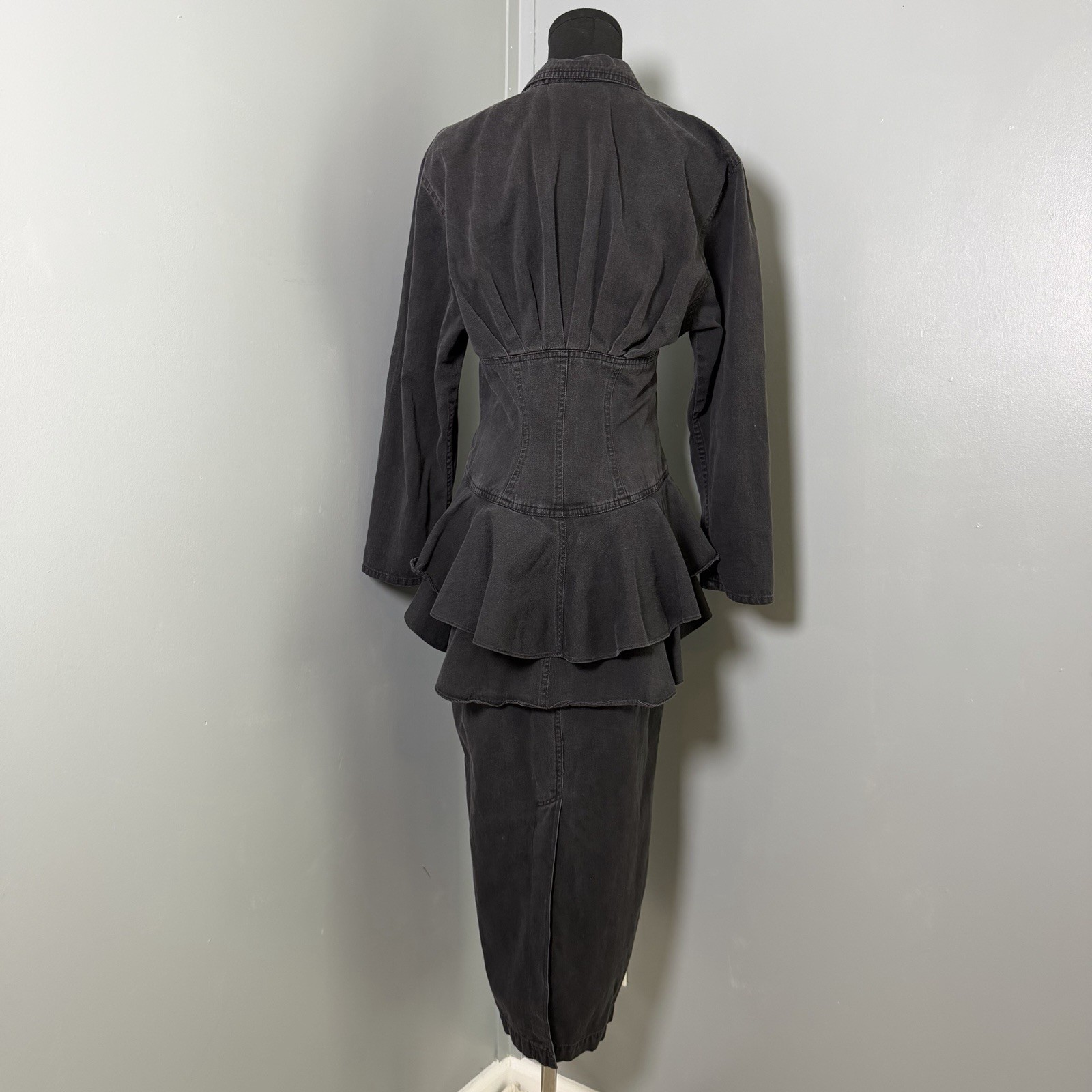 Vtg Rhonda Harness Foxy Lady Black Denim Corset Maxi Dress Goth Avant Garde 90s