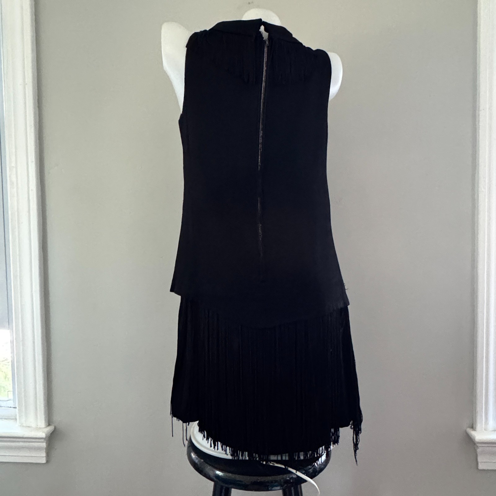 vtg 60s MISS THEME NY Black Go-Go Dancer FRINGE Mini Shift Dress Costume Mod LBD