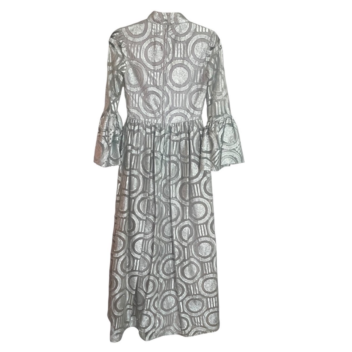 Vintage Silver Metallic Geometric Circle Bell Sleeve Keyhole Dress Mod Retro