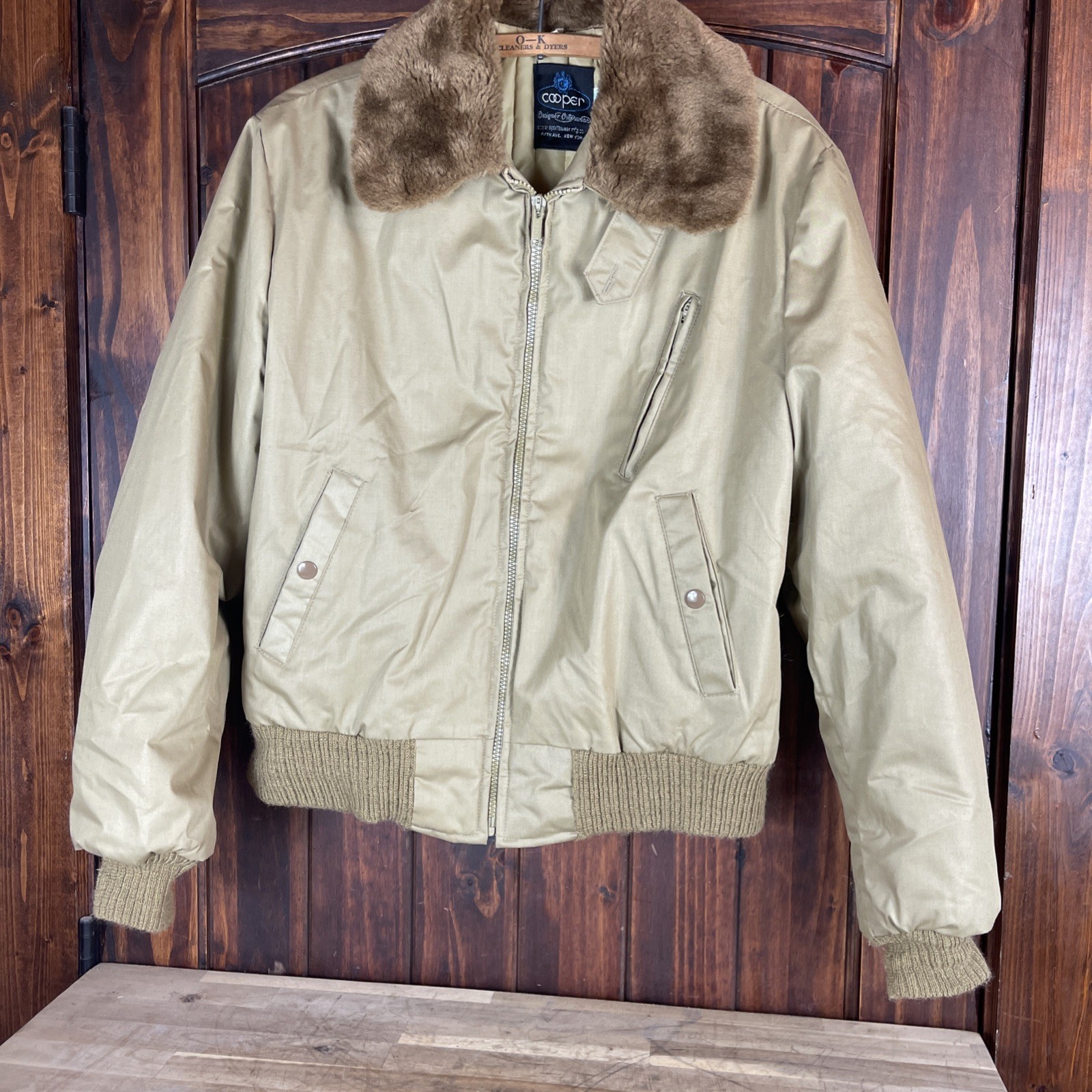 1980s M-L 42 Cooper designer outerwear jacket fur collar tan coat