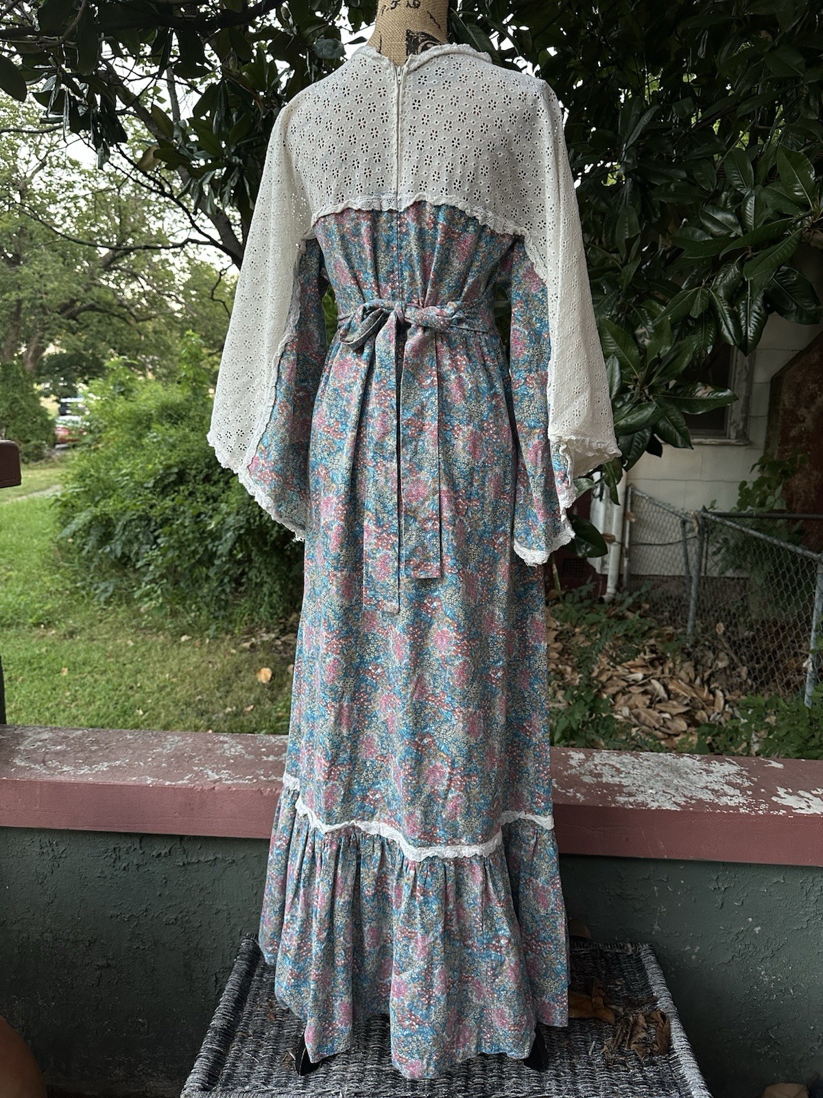 1970s Vintage Boho Prairie Floral Dress W/ Bell Sleeves