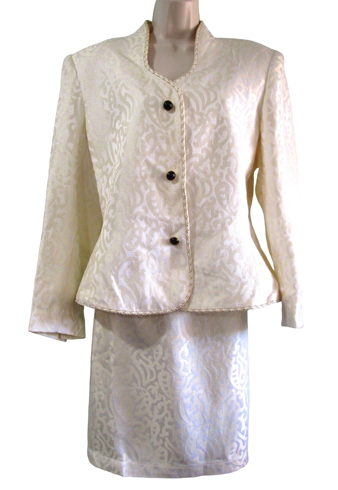 Nolan Miller Ivory White Brocade Skirt Suit Set Vintage 80s Sz 16 Hong Kong GUC