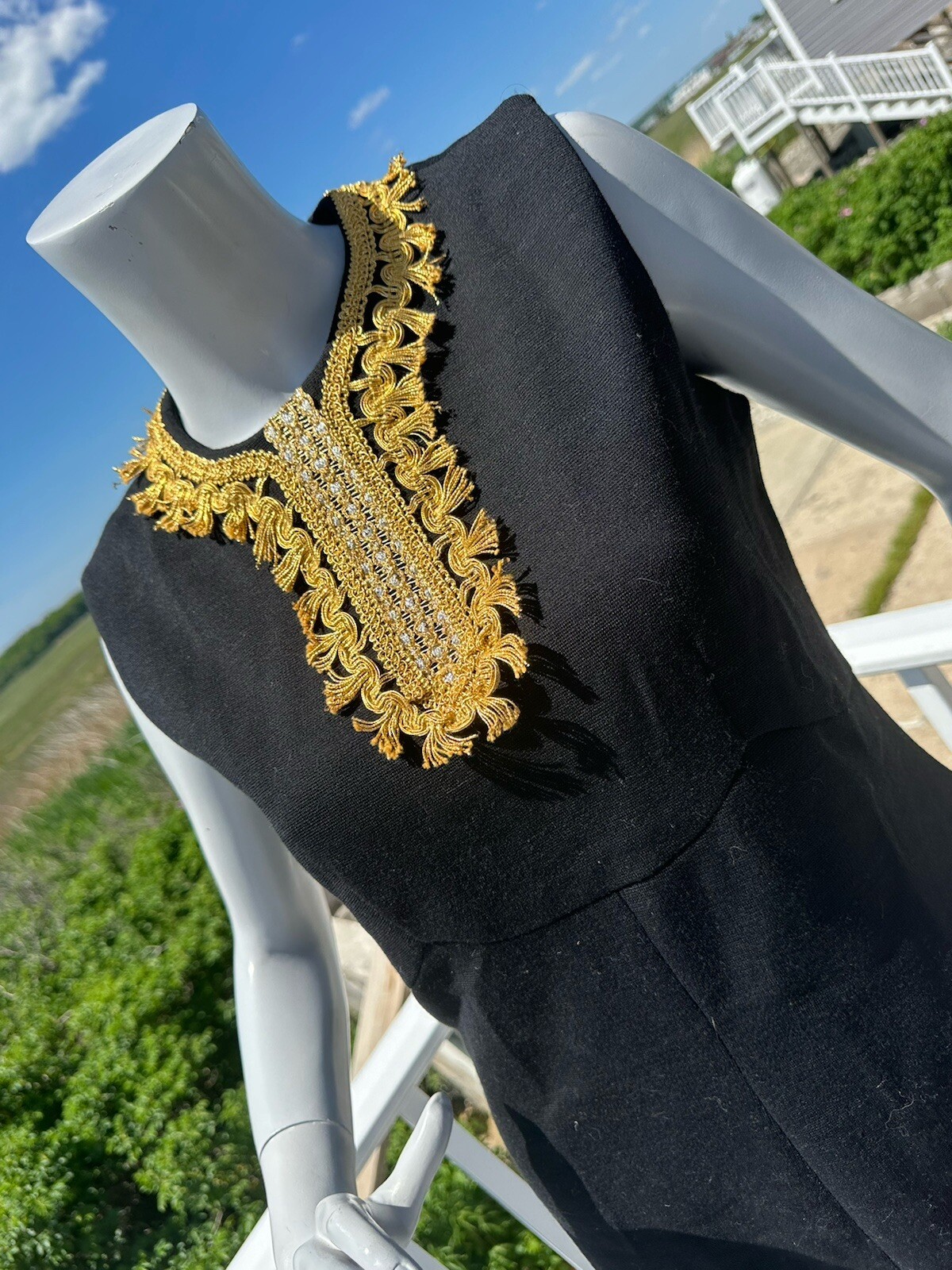 1960s Bleeker Street dress black cocktail shift gold trim 70s size 14 classic