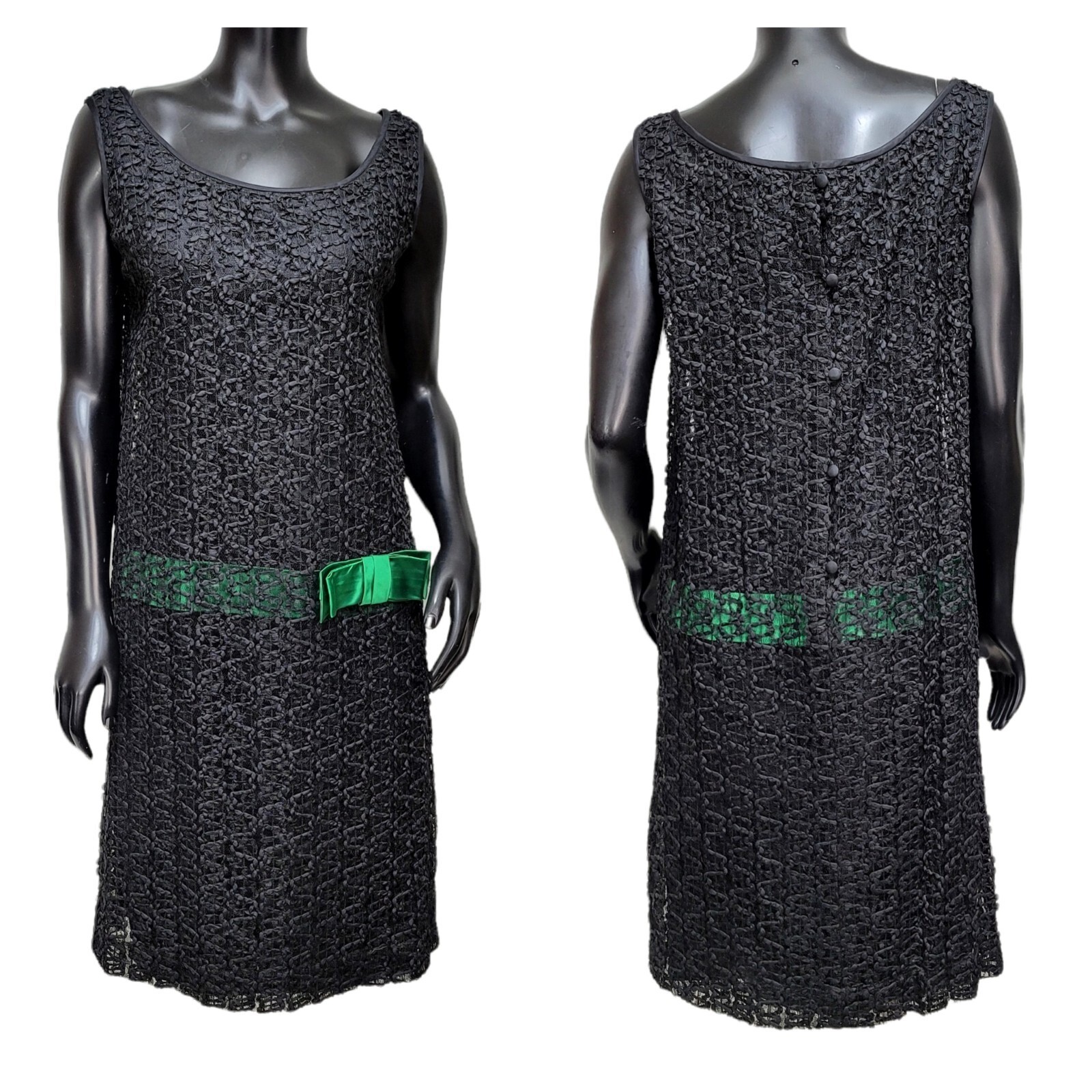 Vintage 1960s Bains Las Vegas Black Textured Lace Sheath Cocktail Dress Mod