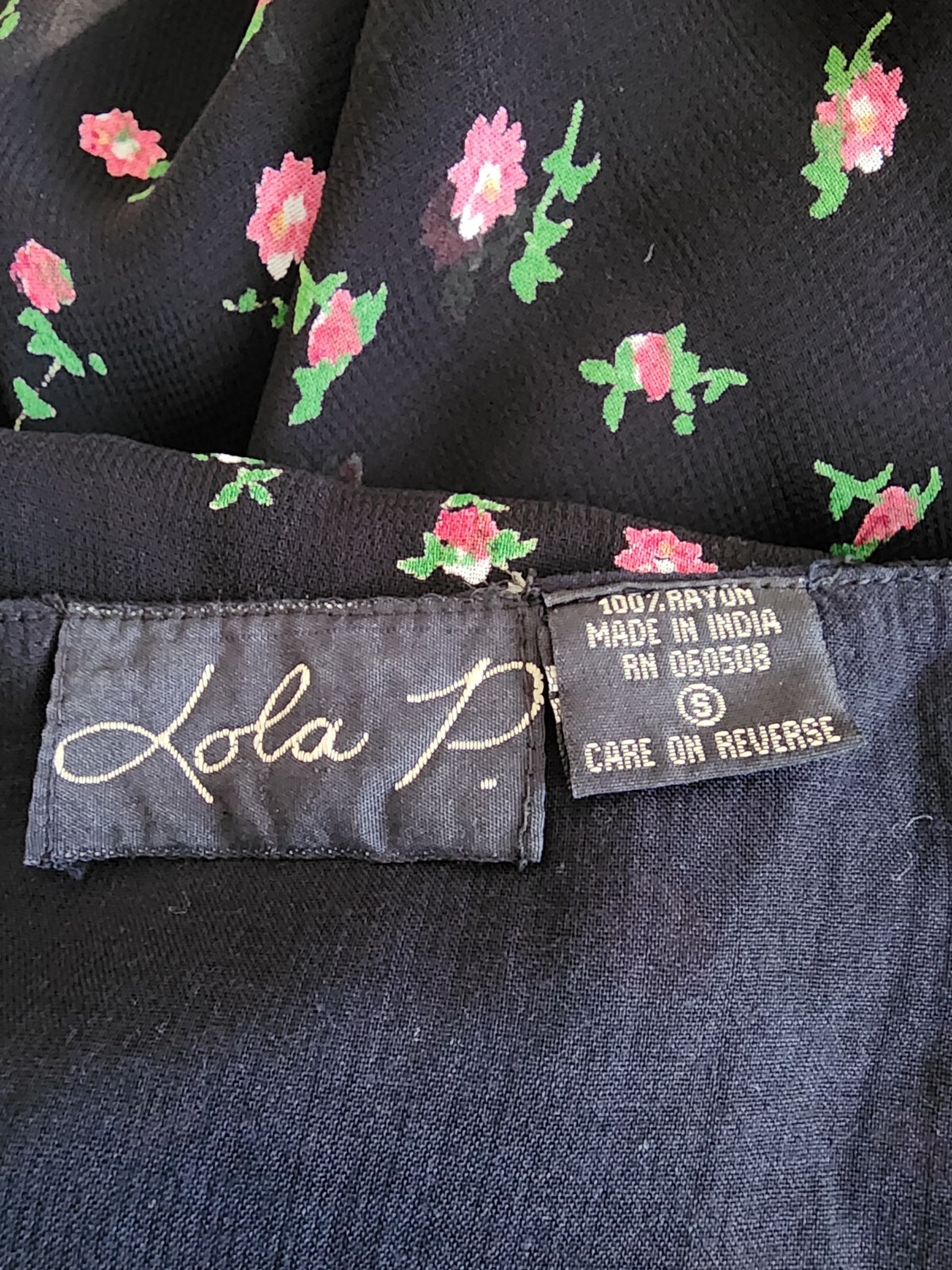 Vintage Lola P. Maxi Dress Black Multicolor Floral Textured Gauze- Size S