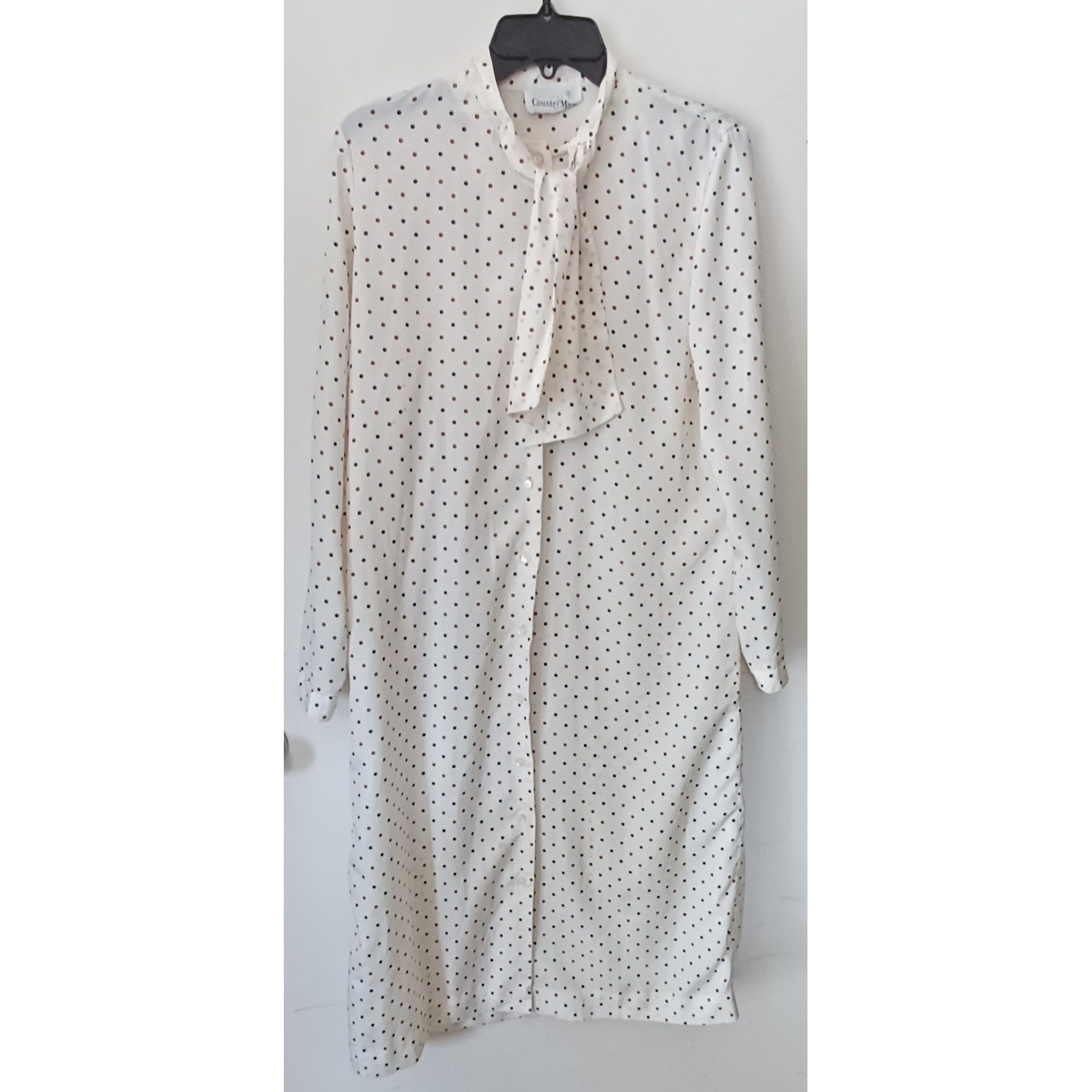 Country Miss Shirt Dress Women 12 Cream Polka Dot Tie Neck Vintage 70s Secretary