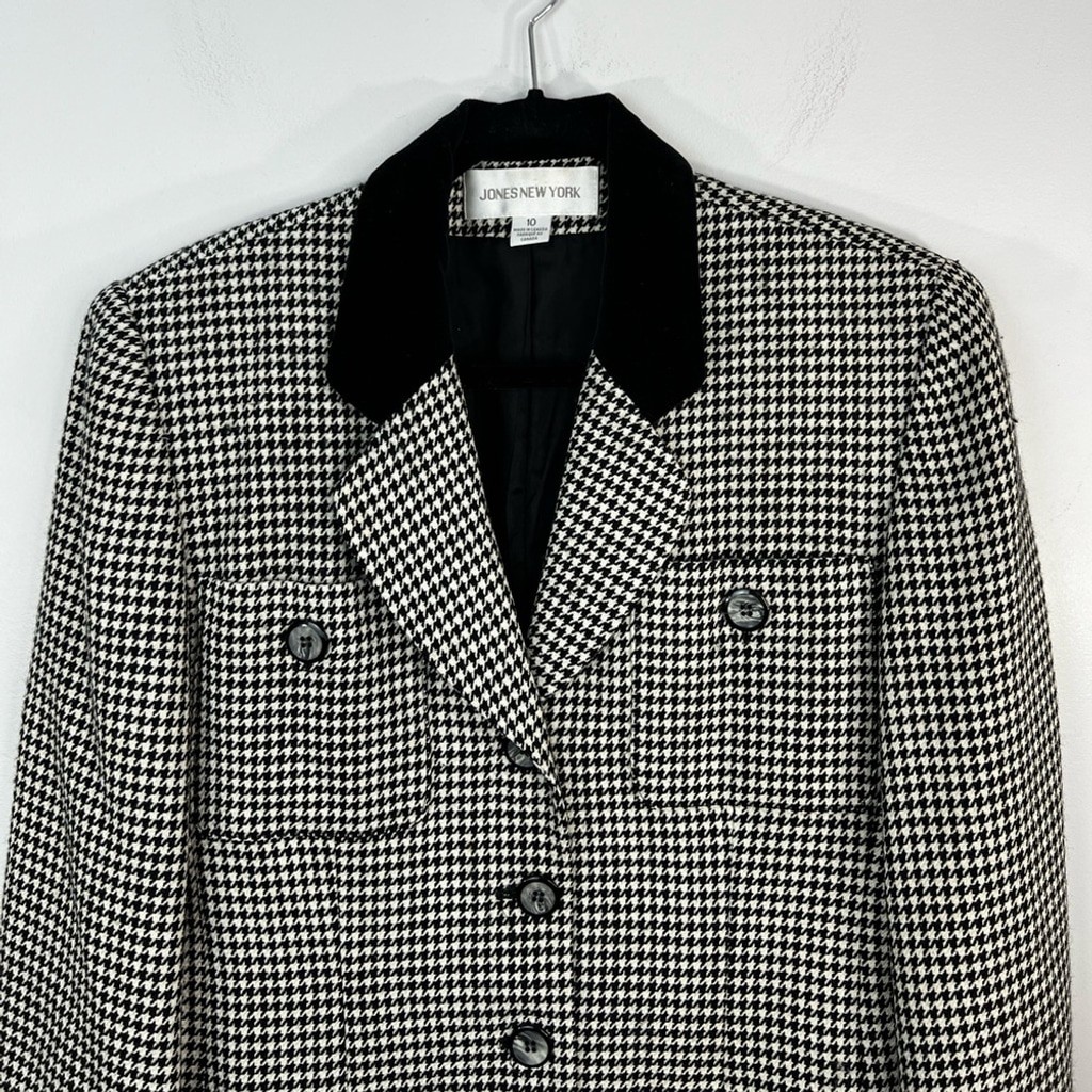 Vintage 80s 90s pure wool black white houndstooth old money oversized blazer 10