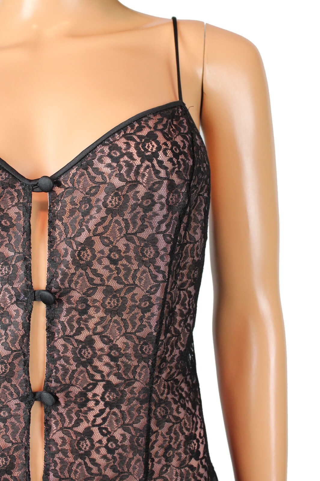 Vintage 70s Nightgown Sz M L Black Lace Illusion Pink Chiffon Long Sleeveless