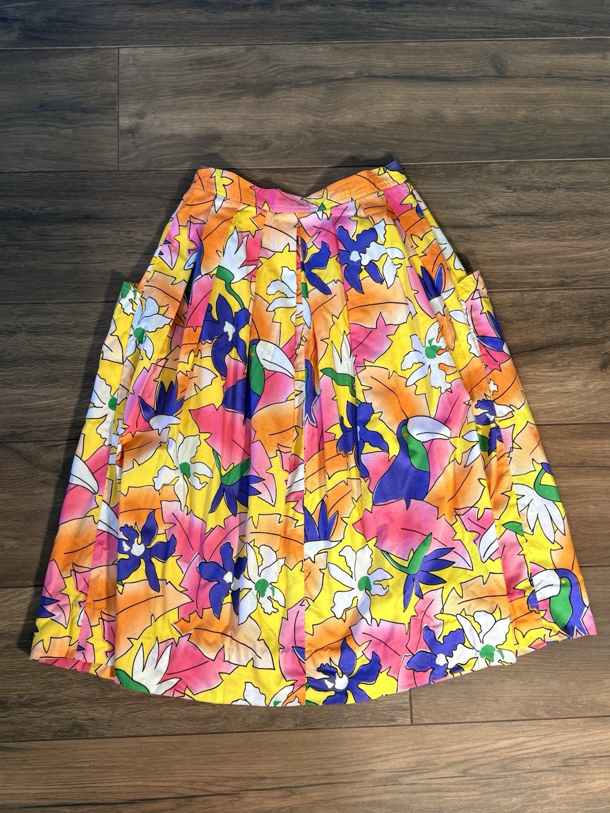 Vintage SK & Co. Bright Tropical Bird Cotton Midi Skirt Festival Women’s XS