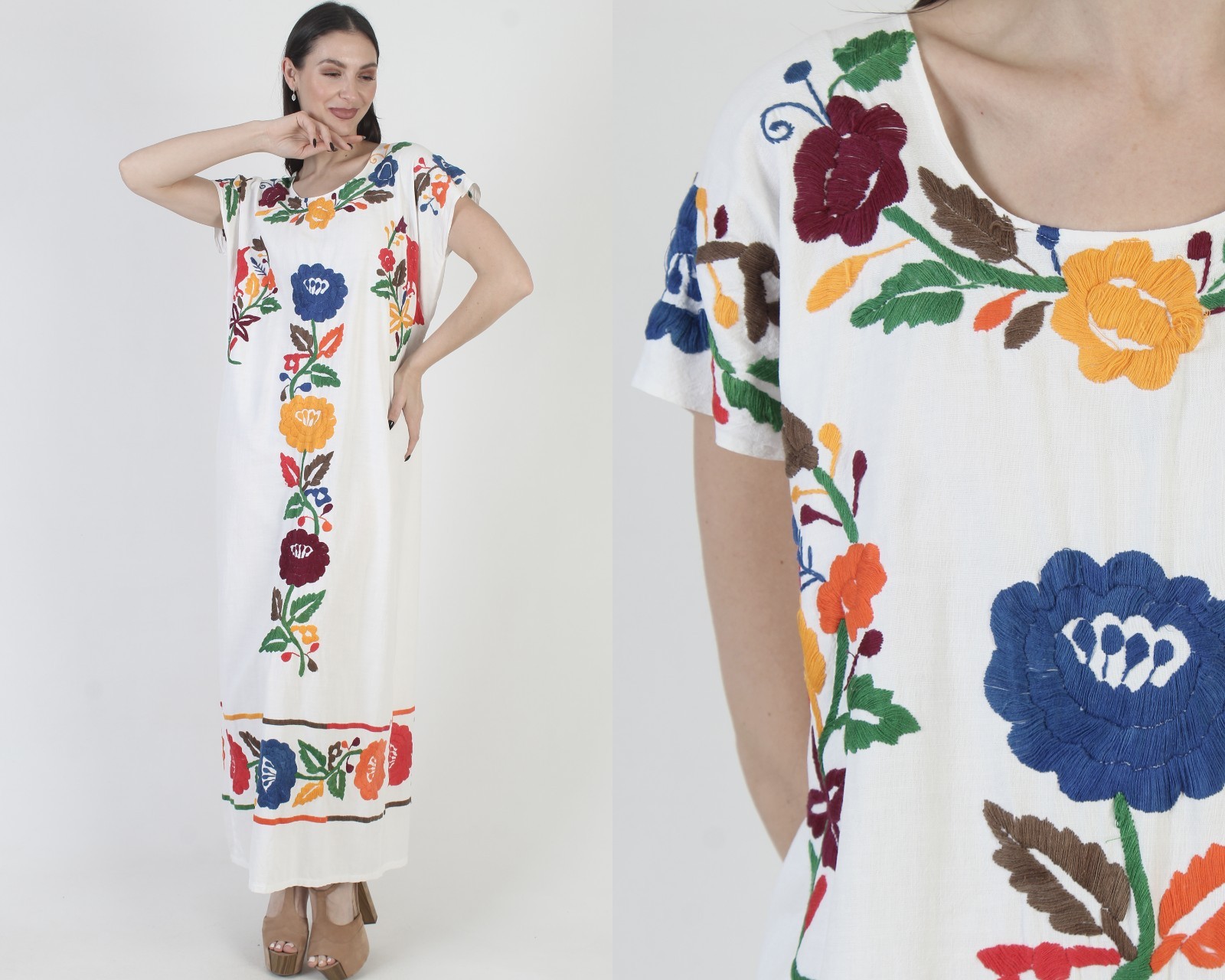 Mexican Birds Dress Vtg Embroidered Ethnic Kaftan Pool Cover Up Puebla Sundress