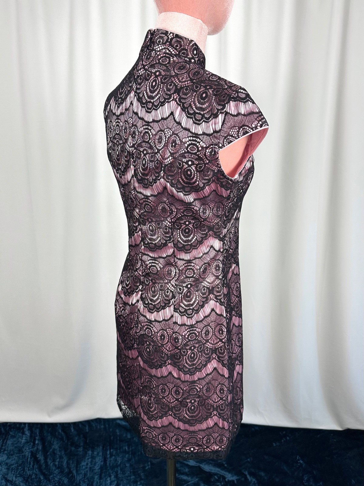 Vintage Lace Mandarin Collar Dress XS Pink Black Cocktail Party Beijing Purchase