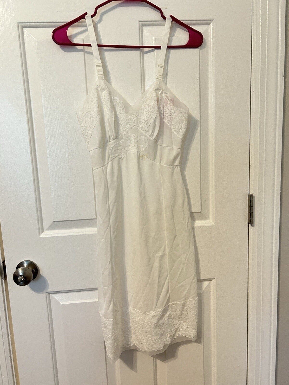NOS VTG 32 Short S White Tricot Nylon Lace Full Slip Dress Stevens Fabrics Rare