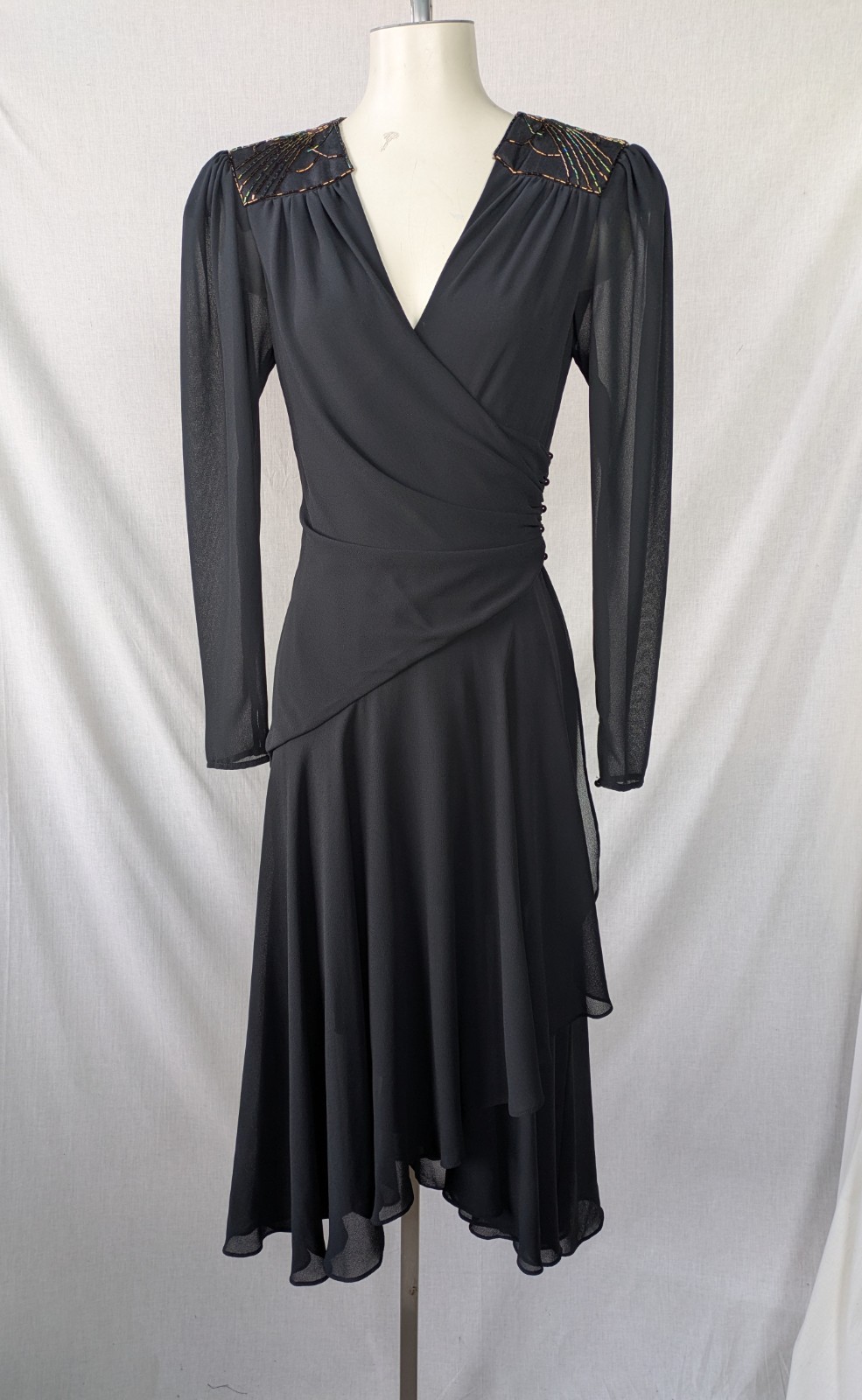 Vintage 80s Casadei Dress Black Hi Lo Hem Ruched Beaded Shoulders Sz 6