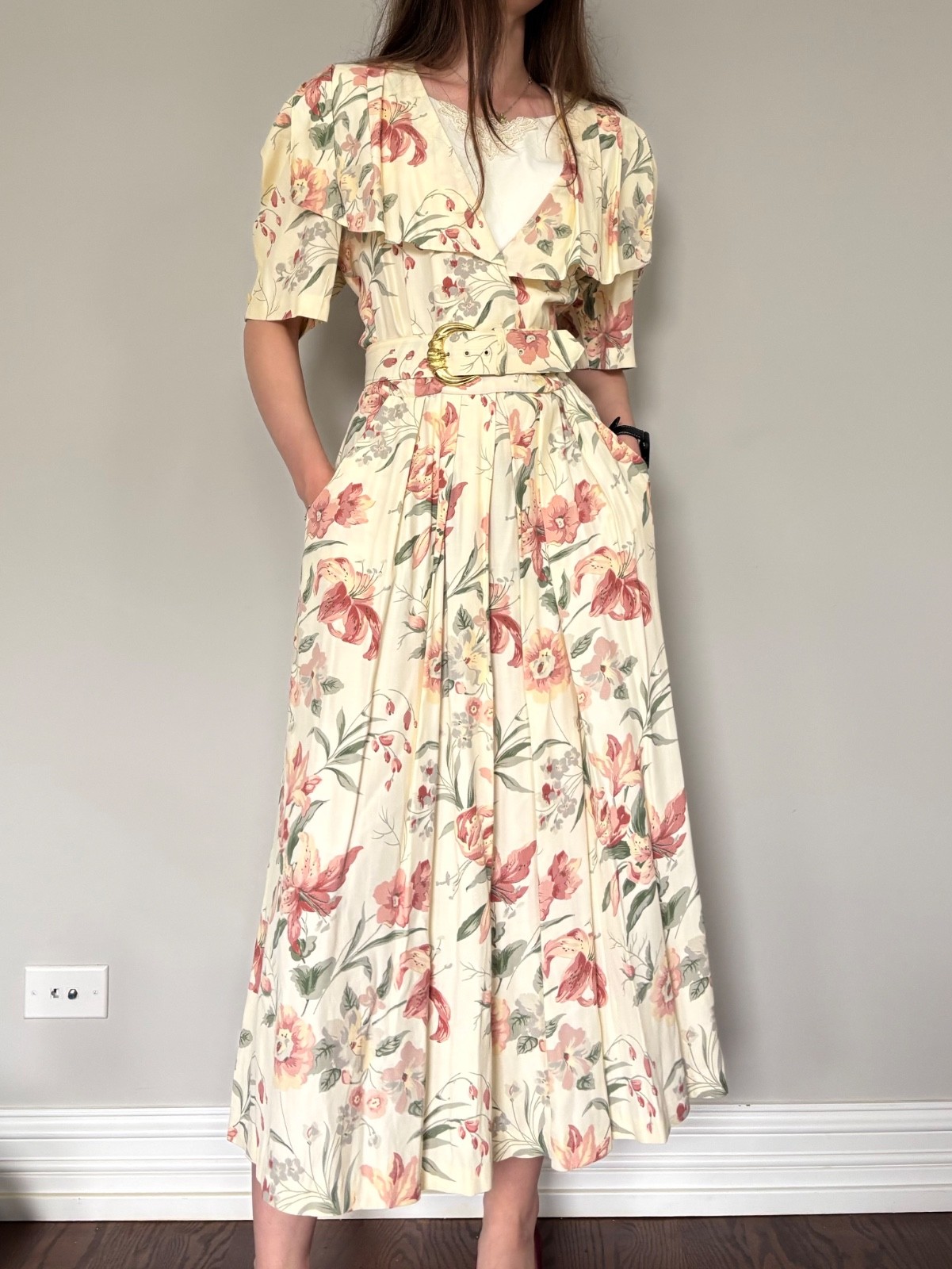 Vintage S.J. Fashions Womens Floral Maxi Dress Belted Pockets Made In USA