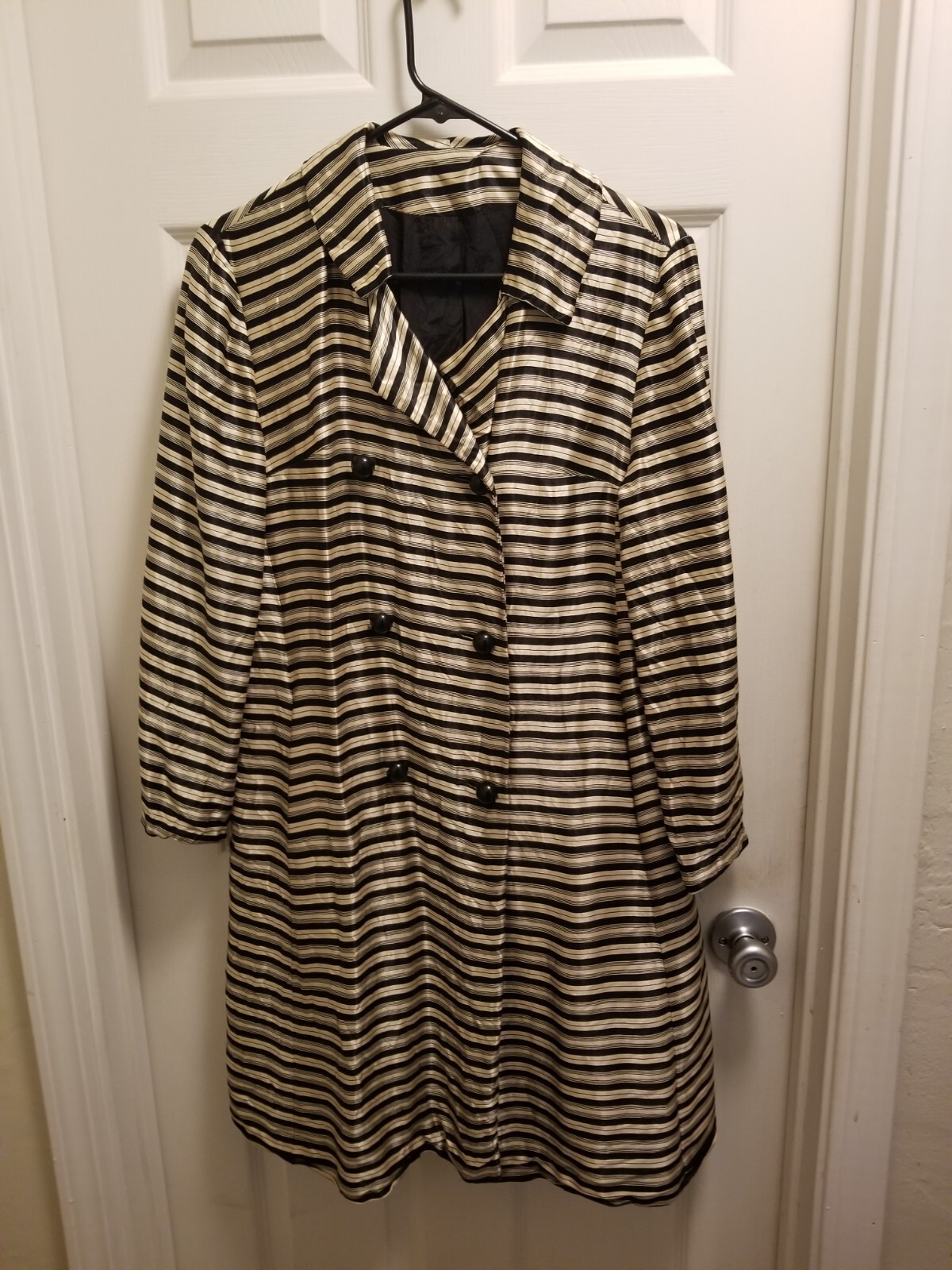Vintage Retro Cool Mod 1960’s Striped Black and White Satin Coat front pockets
